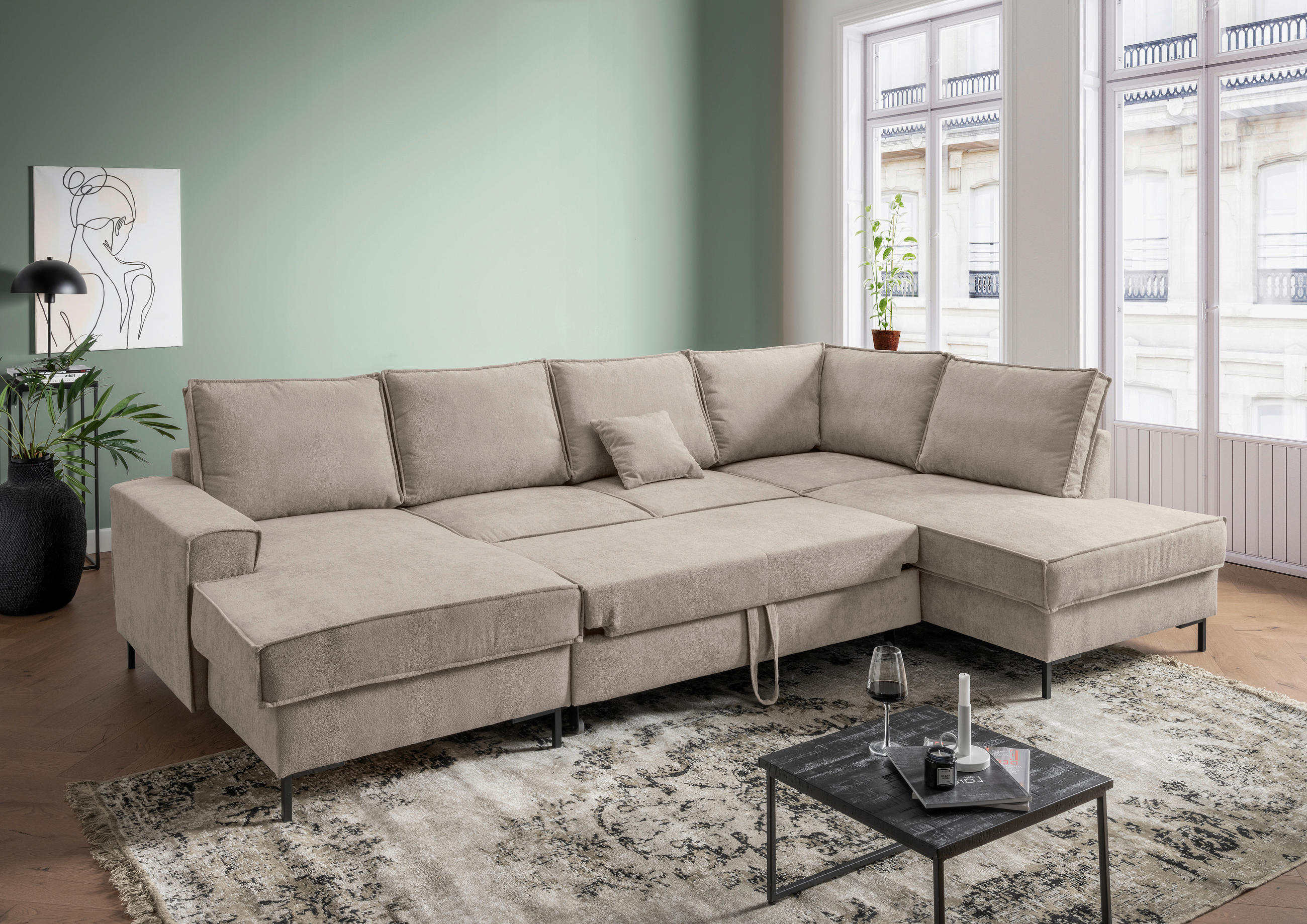WOHNLANDSCHAFT Taupe Mikrofaser  - Taupe/Schwarz, MODERN, Textil/Metall (150/309/198cm) - MID.YOU