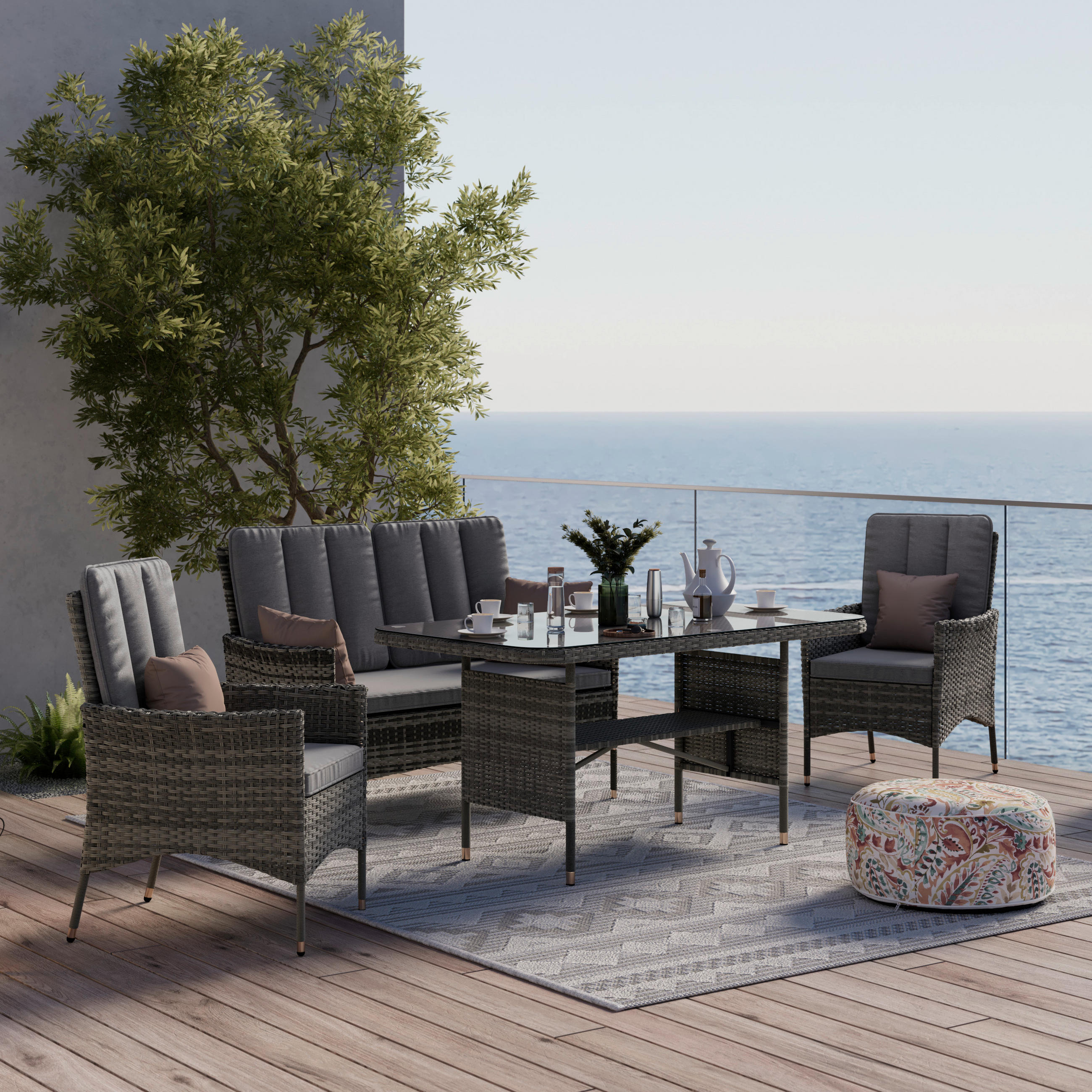 DINING-LOUNGESET Stahl  - Grau, MODERN, Glas/Kunststoff - Ambia Garden