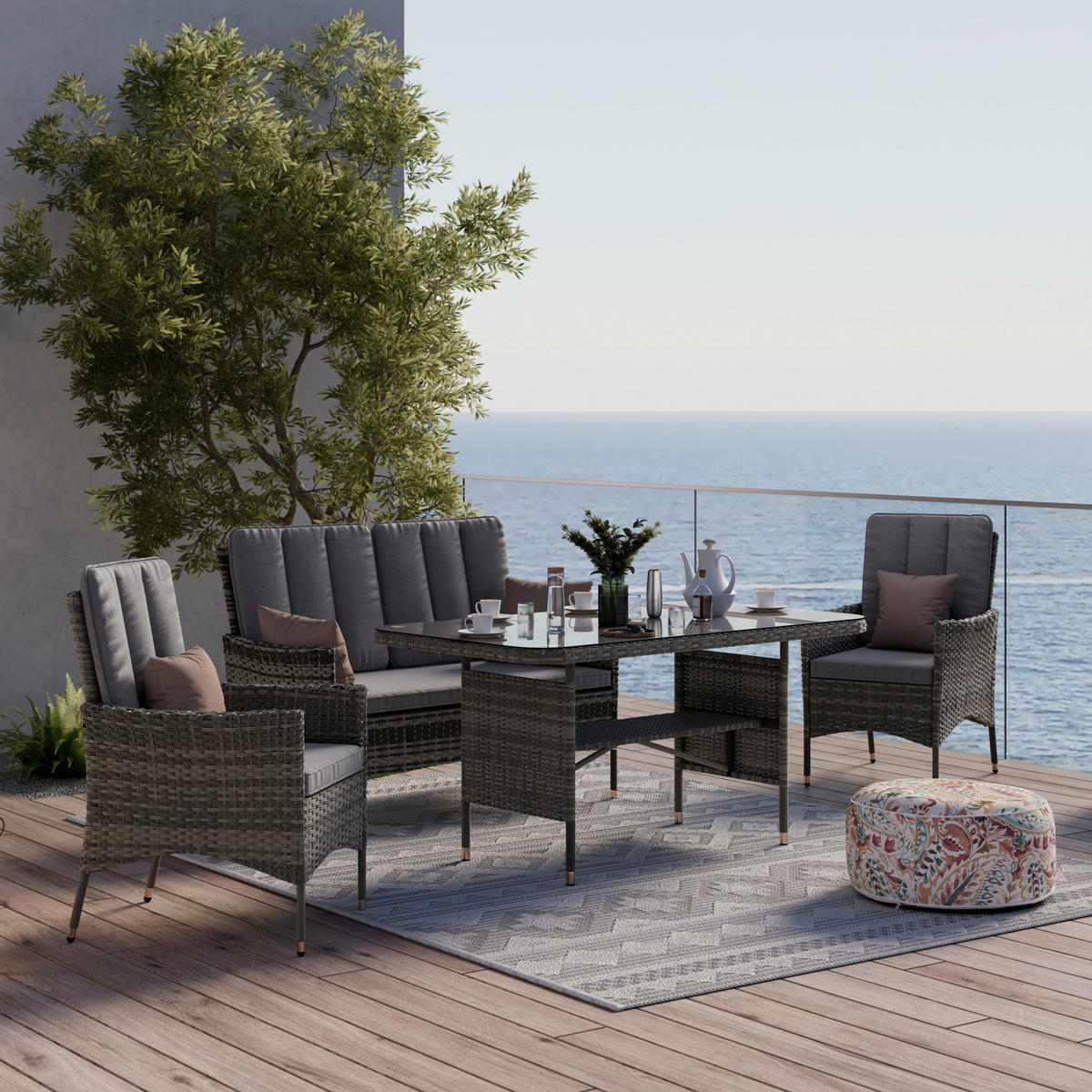 DINING-LOUNGESET Stahl  - Grau, MODERN, Glas/Kunststoff - Ambia Garden