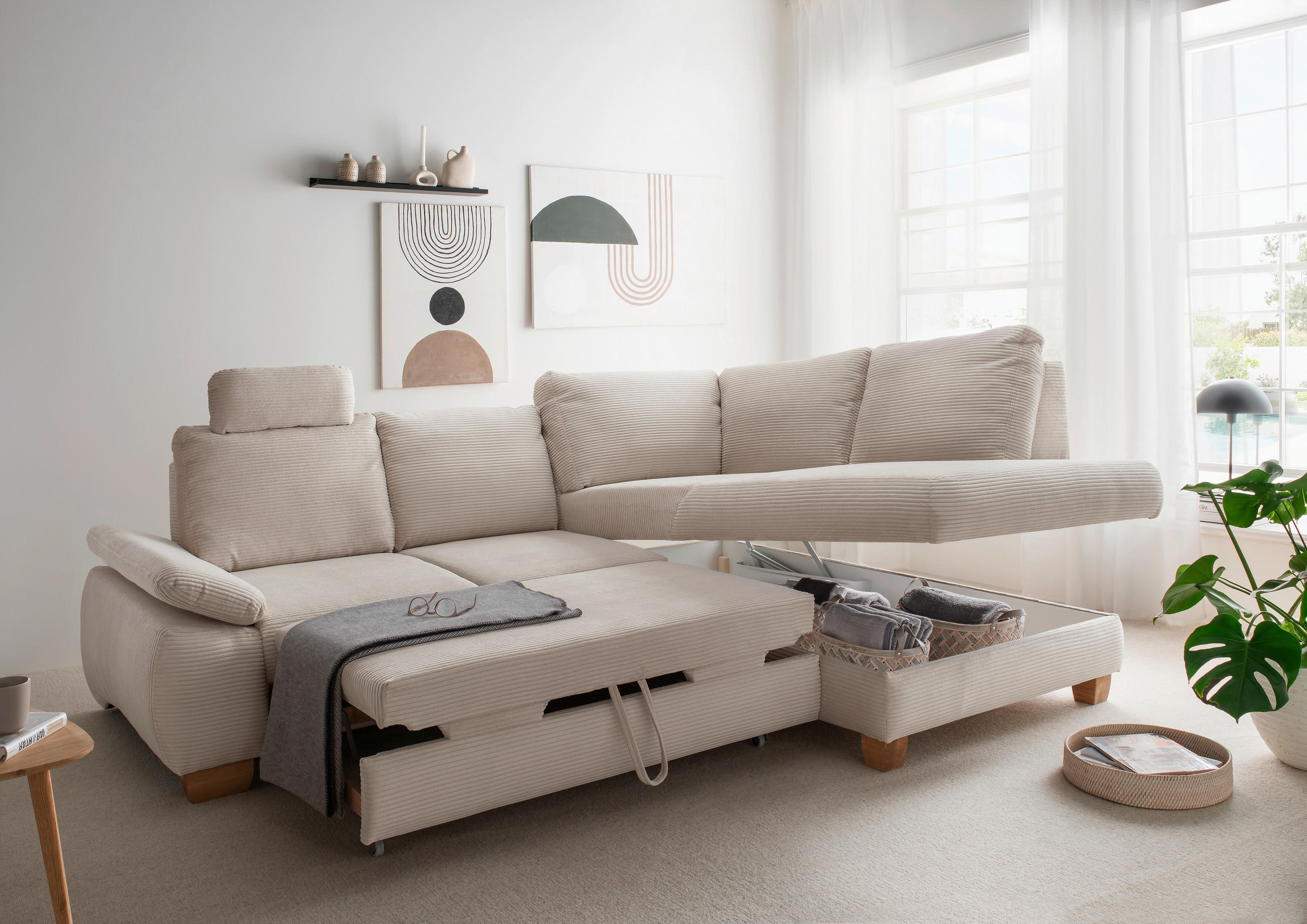 ECKSCHLAFSOFA in Cord Beige  - Wildeiche/Beige, Modern, Holz/Textil (261/206cm) - Livetastic