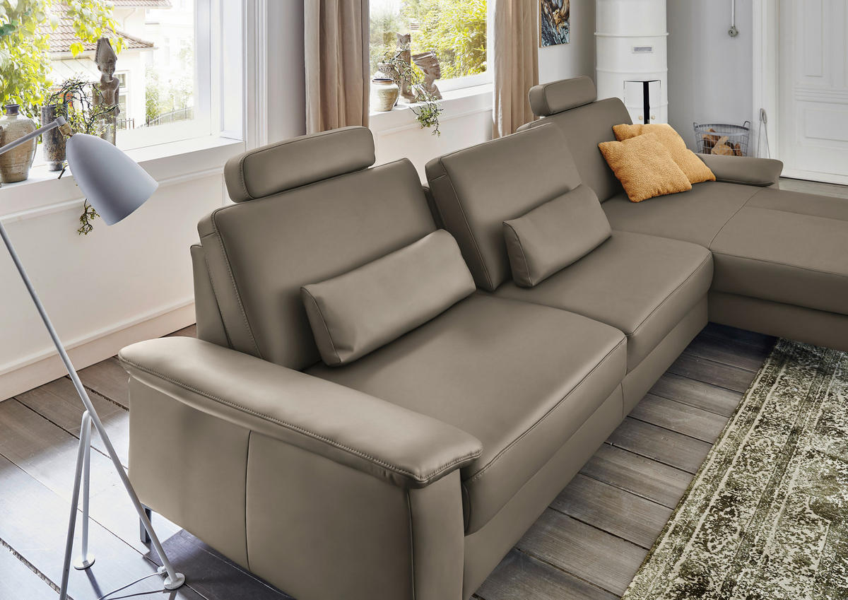 ECKSOFA in Echtleder Graubraun  - Graubraun/Schwarz, Design, Leder/Metall (334/176cm) - Dieter Knoll