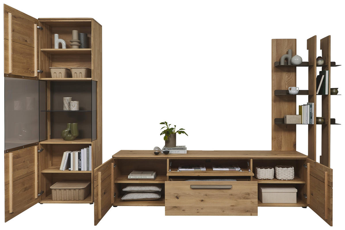 WOHNWAND  in Bronzefarben, Wildeiche  333,6/207/45,2 cm  - Wildeiche/Schwarz, Natur, Glas/Holz (333,6/207/45,2cm) - Valnatura