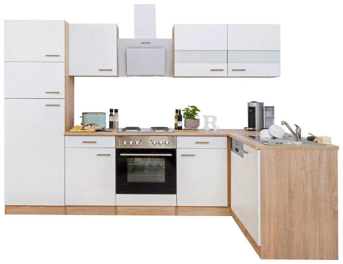 ECKKÜCHE 280/172 cm  in Weiss, Eichefarben  - Weiss/Eichefarben, Basics, Glas/Holzwerkstoff (280/172cm) - Respekta