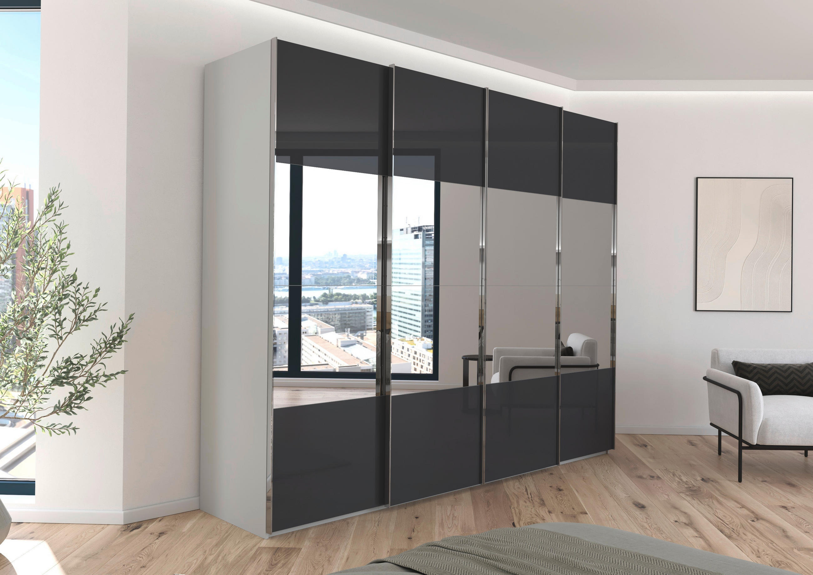 SCHWEBETÜRENSCHRANK 271/223/68 cm 4-türig Grau, Schwarz  - Chromfarben/Schwarz, Design, Glas/Holzwerkstoff (271/223/68cm) - Novel