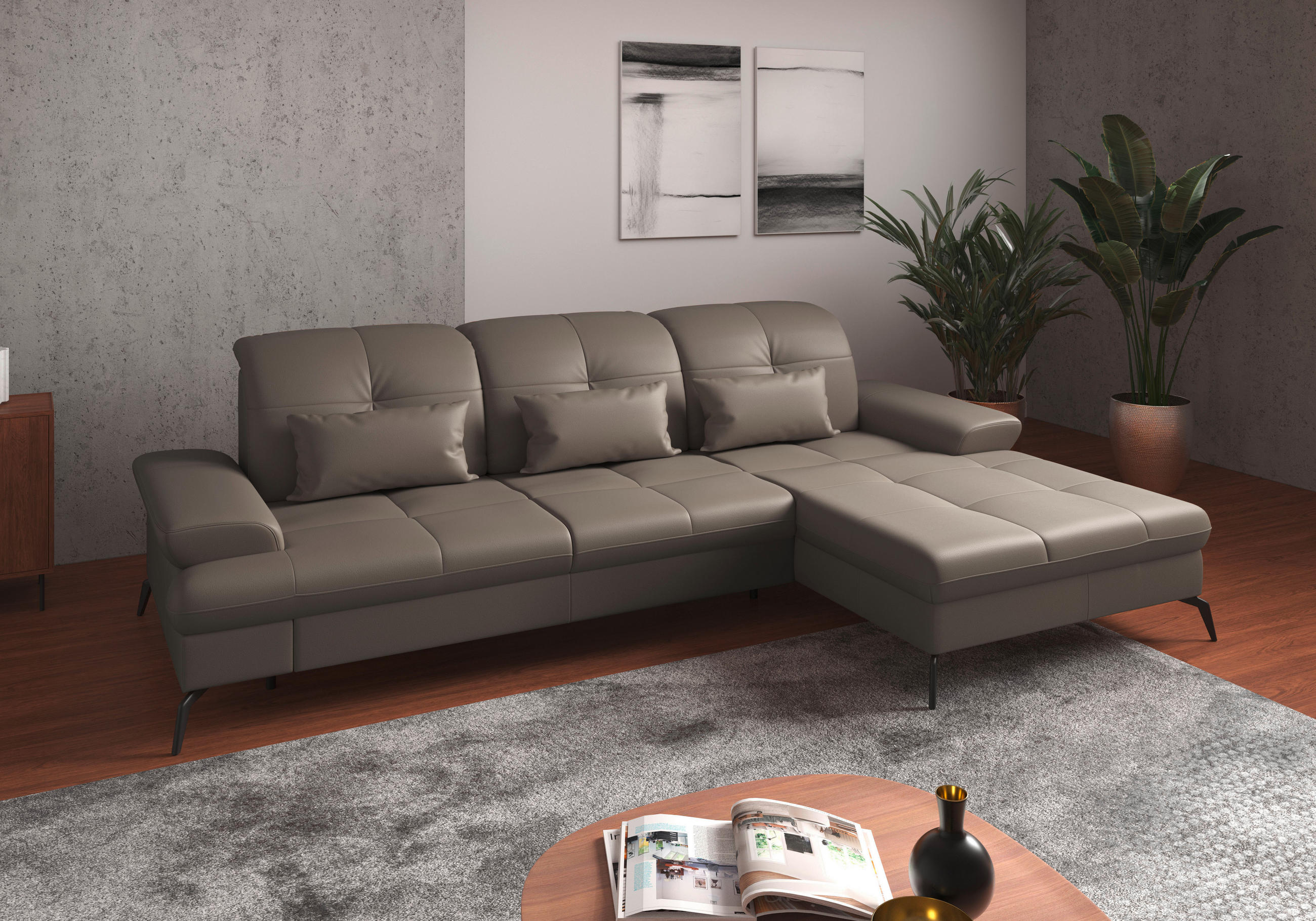 ECKSOFA in Echtleder Grau - Schwarz/Grau, Konventionell, Leder/Metall (279/185cm) - Sit & More