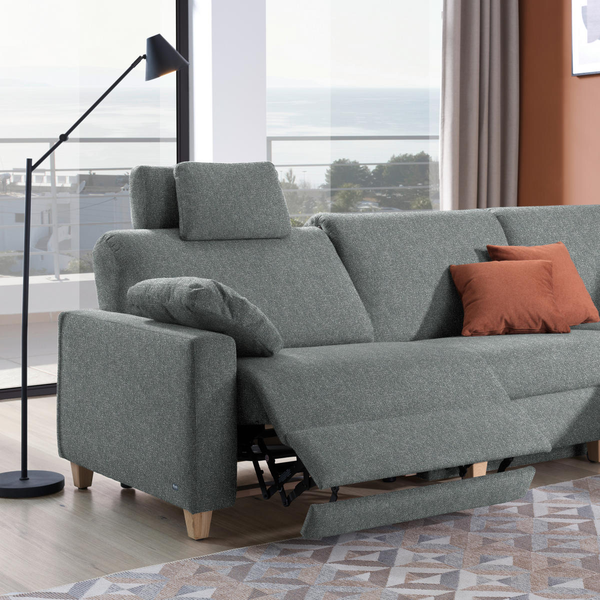 ECKSOFA  in Mikrovelours Graugrün  261/203 cm  - Eichefarben/Graugrün, KONVENTIONELL, Holz/Textil (261/203cm) - Sedda