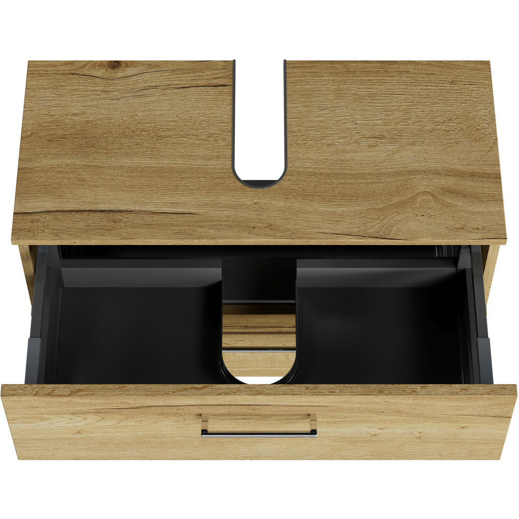 Thumbnail - Sadena Waschbeckenunterschrank M-Plan, Wildeiche, Metall, 2 Schubladen, 75x49.8x33.3 cm, Goldenes M, Made in Germany, Zu...