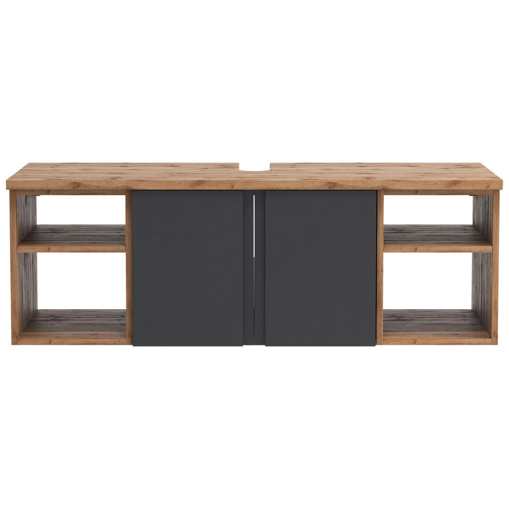 Thumbnail - Held Waschbeckenunterschrank, Grau, Eiche Wotan, Holzwerkstoff, 2 Fächer, 120x41x47 cm, Made in Germany, hängend, Badezi...