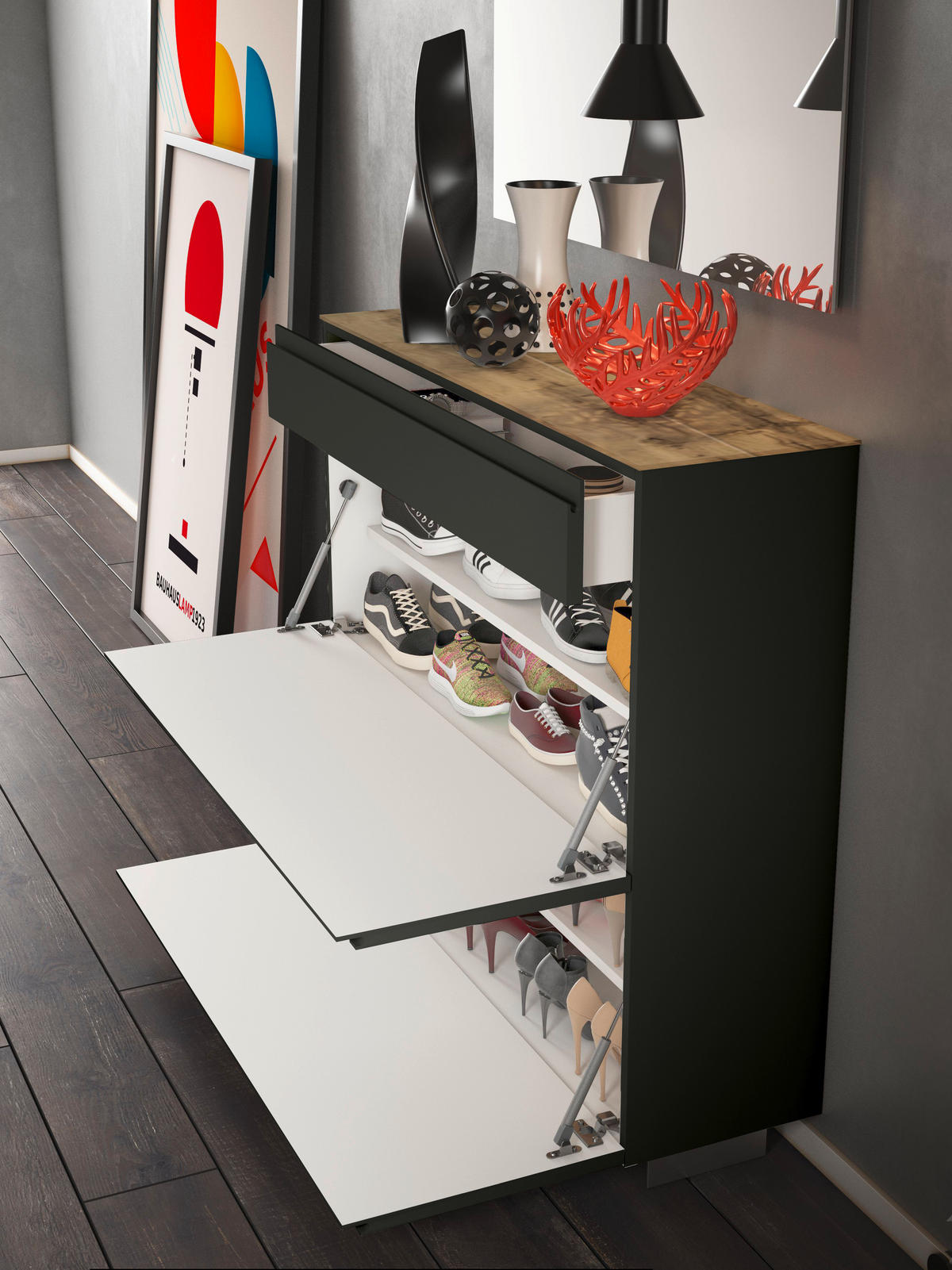HÄNGESCHUHSCHRANK 110/97/33 cm  - Eichefarben/Anthrazit, Design, Holzwerkstoff (110/97/33cm) - Moderano