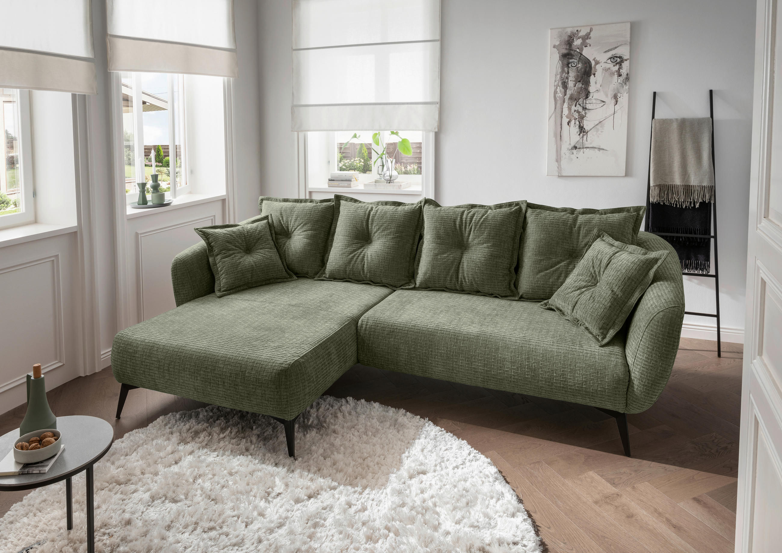 ECKSOFA in Mikrofaser Olivgrün  - Schwarz/Olivgrün, Modern, Textil/Metall (162/277cm) - Livetastic