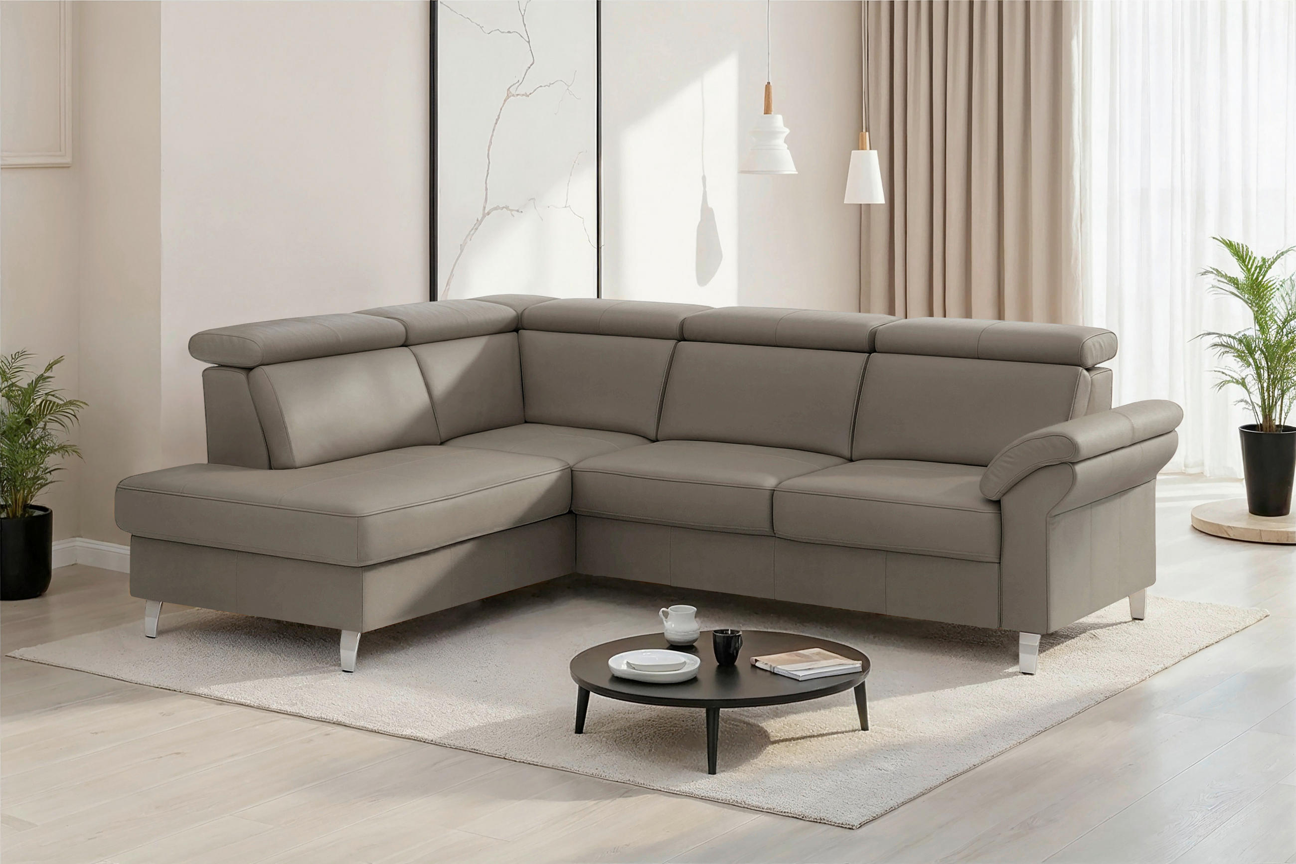 ECKSOFA 194/245 cm ARNGAST E in Echtleder Grau Kopfteilverstellung  194/245 cm  - Chromfarben/Grau, Basics, Leder/Textil (194/245cm) - Sit & More