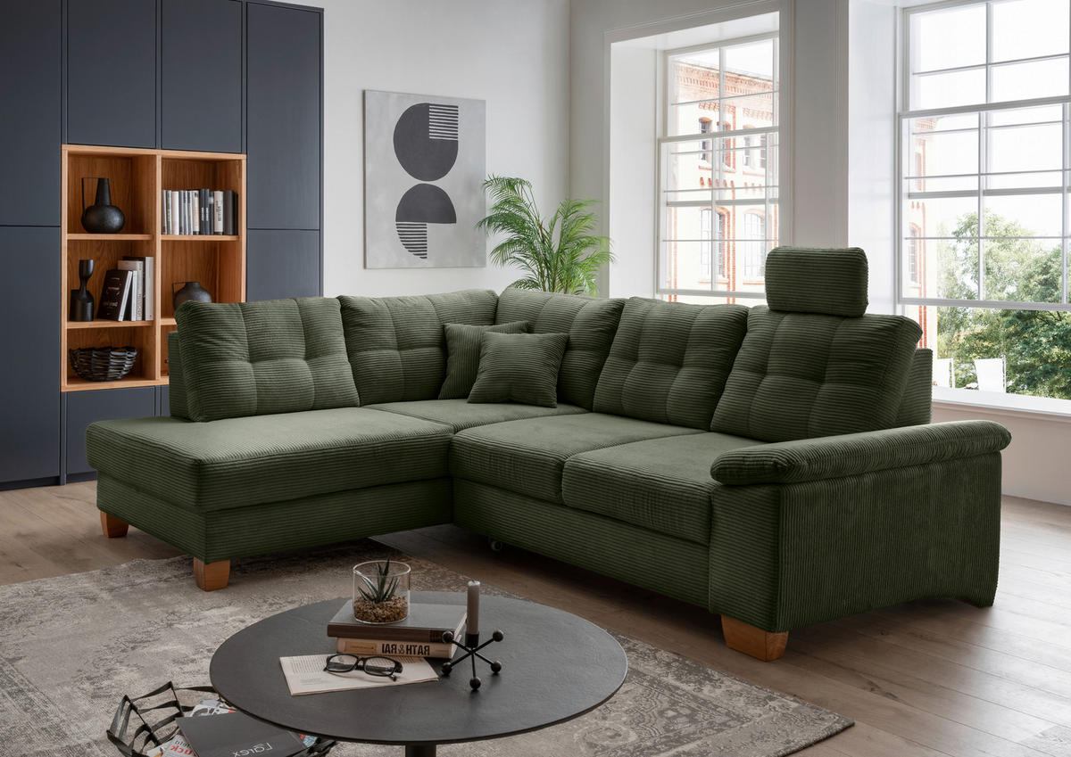 ECKSOFA in Cord Dunkelgrün  - Dunkelgrün/Naturfarben, Modern, Holz/Textil (206/274cm) - Livetastic