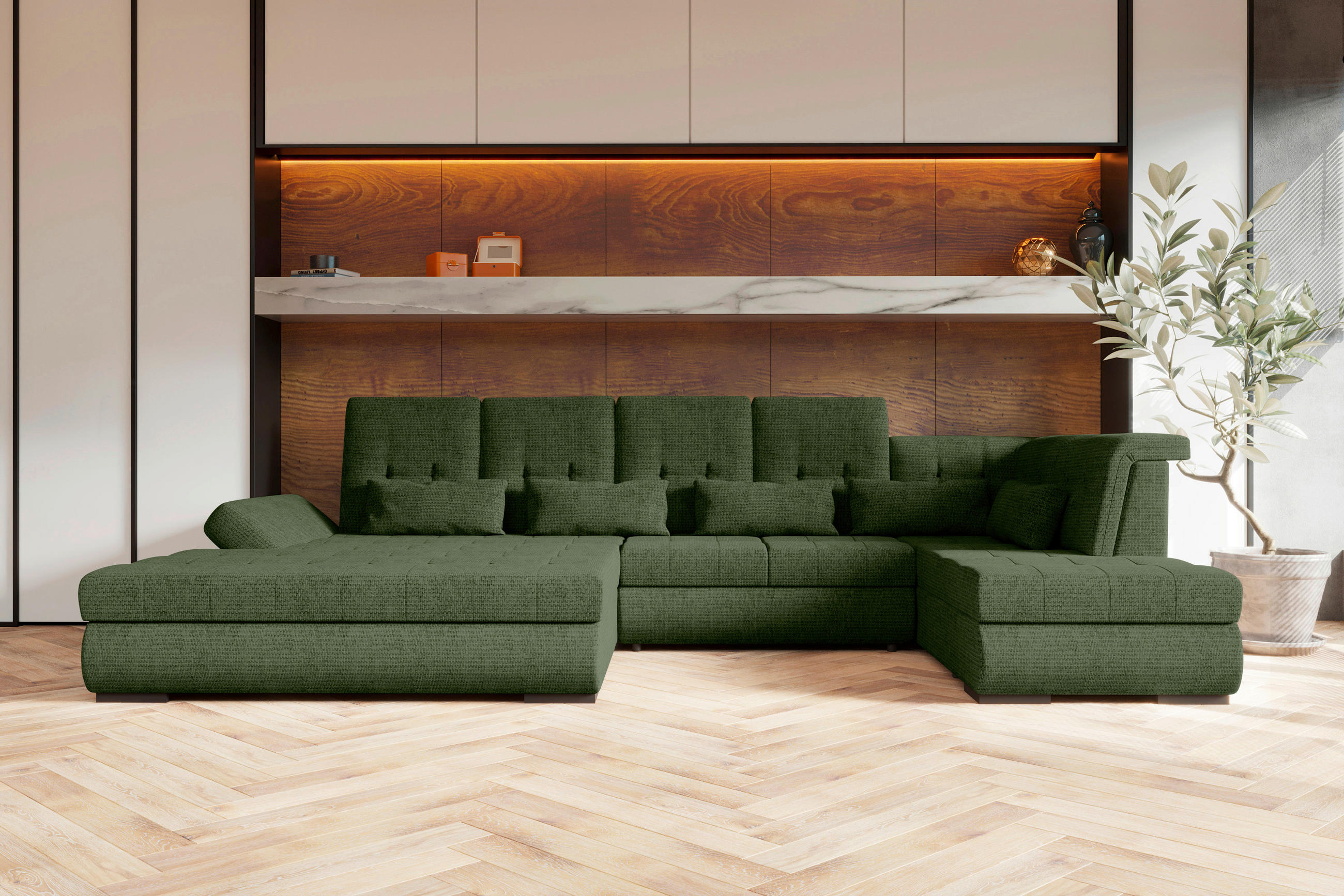 WOHNLANDSCHAFT Olivgrün Struktur  - Schwarz/Olivgrün, KONVENTIONELL, Kunststoff/Textil (212/358/222cm) - Carryhome