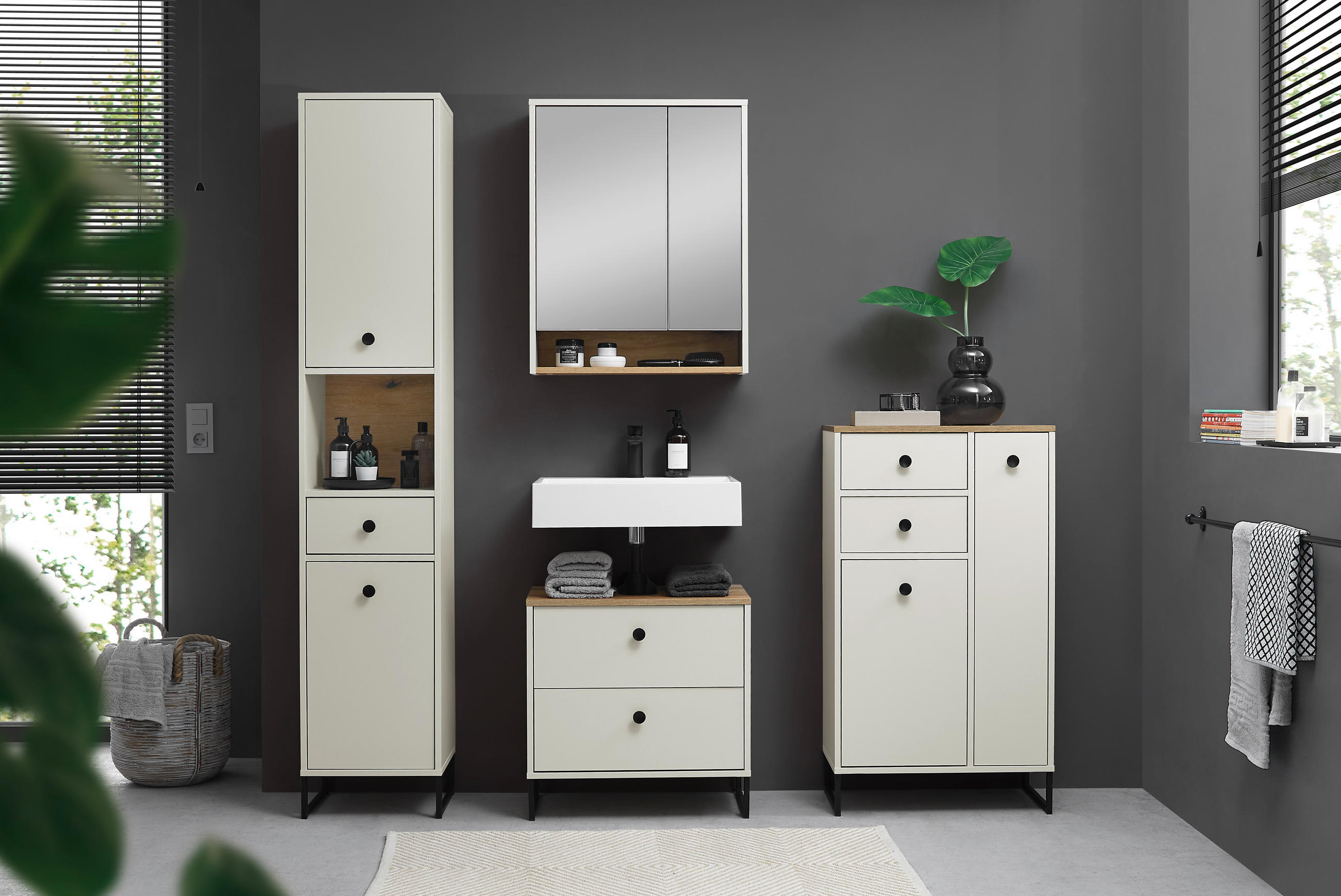 Thumbnail - Mid.you Midischrank, Eiche, Kaschmir, Kunststoff, 3 Fächer, 2 Schublade(n) Schubladen, 60x106x32 cm, stehend, Badezimmer...