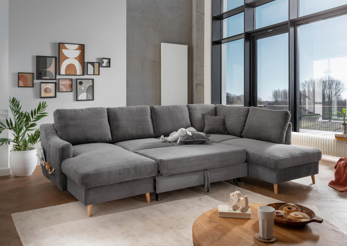 WOHNLANDSCHAFT in Cord Grau  - Naturfarben/Grau, KONVENTIONELL, Holz/Textil (150/301/200cm) - P & B