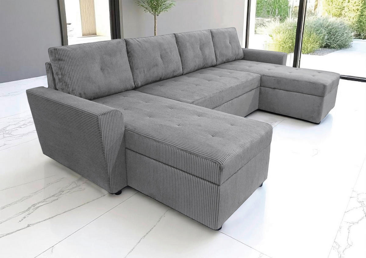 WOHNLANDSCHAFT TERMOLI Hellgrau Cord  - Hellgrau/Schwarz, Design, Kunststoff/Textil (155/296/155cm) - MID.YOU