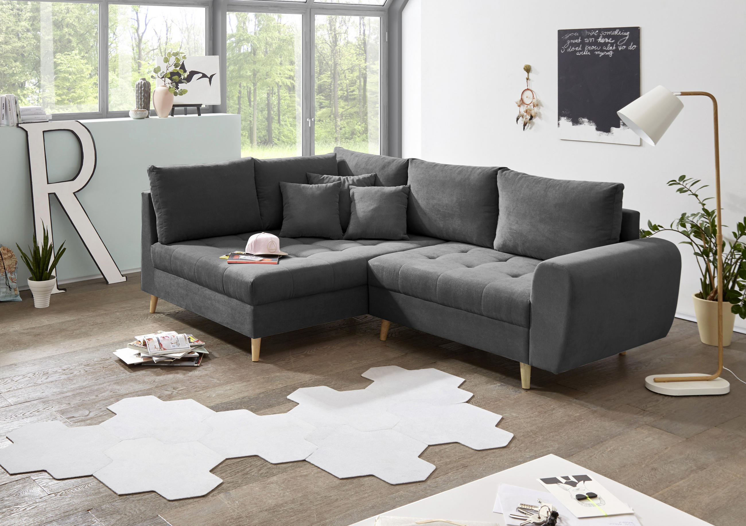 ECKSOFA Anthrazit Mikrovelours  - Anthrazit/Kieferfarben, KONVENTIONELL, Holz/Textil (175/249cm) - MID.YOU