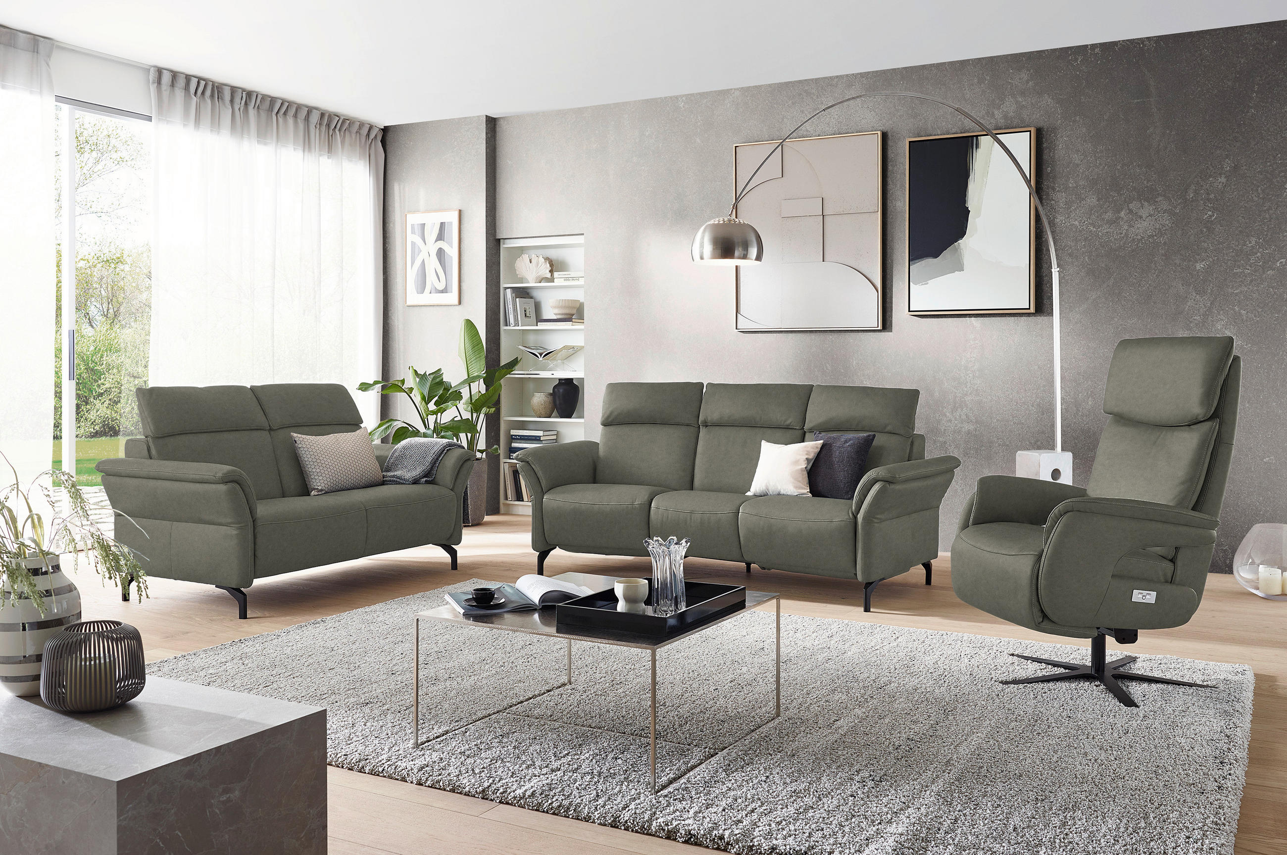TRAPEZSOFA Echtleder Grau  - Schwarz/Grau, KONVENTIONELL, Leder/Metall (221/103/95cm) - Dieter Knoll