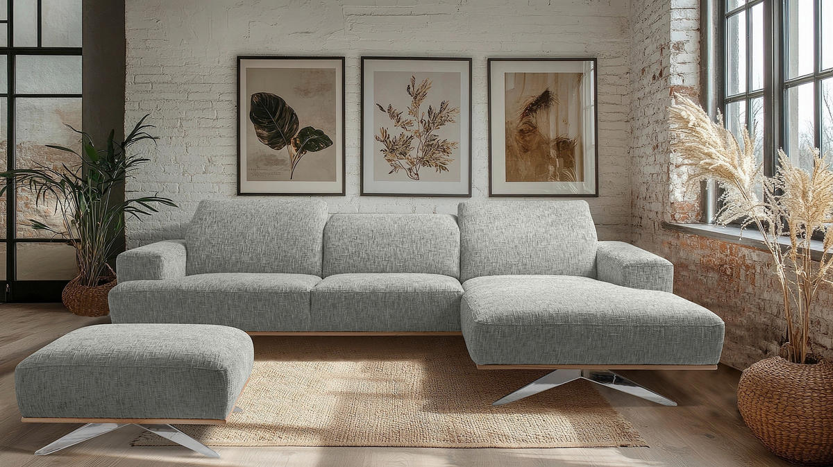 ECKSOFA PORTLAND Grau Struktur Kopfteilverstellung  - Chromfarben/Naturfarben, Design, Holz/Textil (295/187cm) - Livetastic