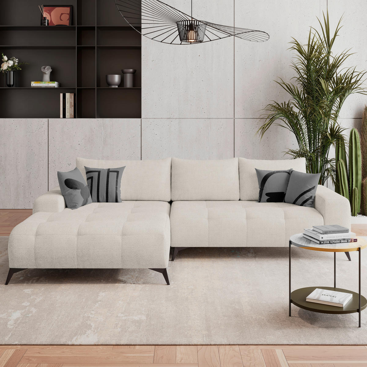 ECKSOFA MAURO Perlmutt Flachgewebe  - Perlmutt/Schwarz, Trend, Textil/Metall (175/290cm) - MID.YOU