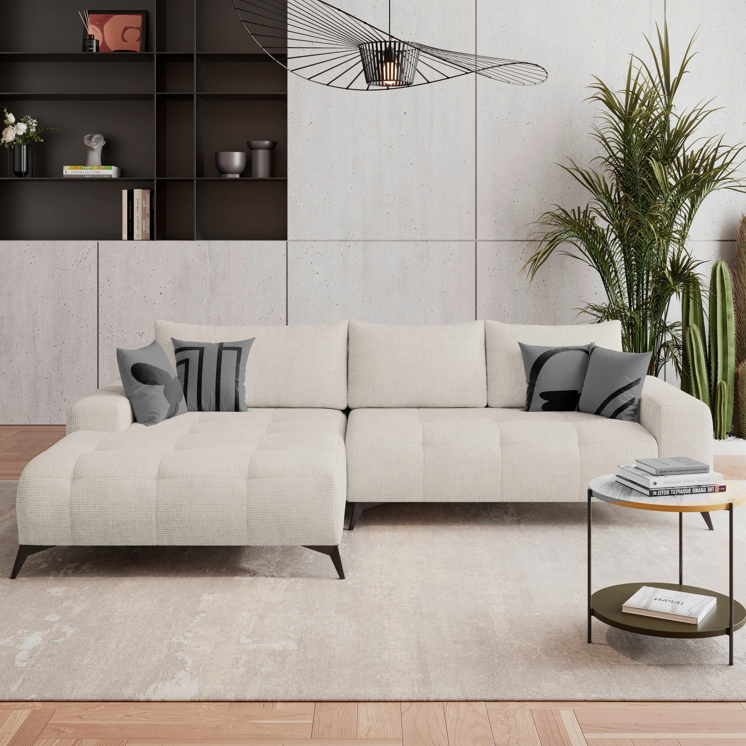 Thumbnail - Mid.you Ecksofa Mauro, Perlmutt, Textil, 4-Sitzer, Füllung: Schaumstoffflocken, Ottomane links, L-Form, 290x175 cm, Made...