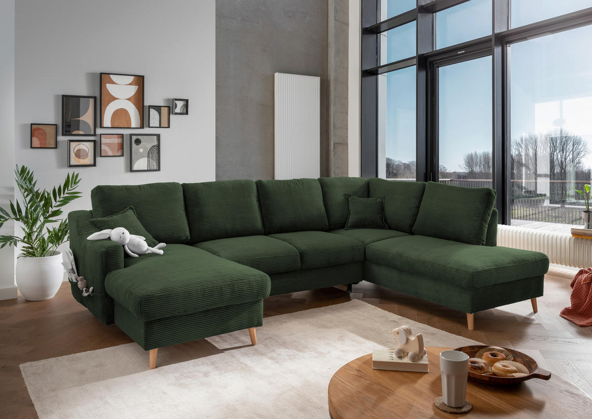 WOHNLANDSCHAFT in Cord Dunkelgrün  - Dunkelgrün/Naturfarben, KONVENTIONELL, Holz/Textil (150/301/200cm) - P & B