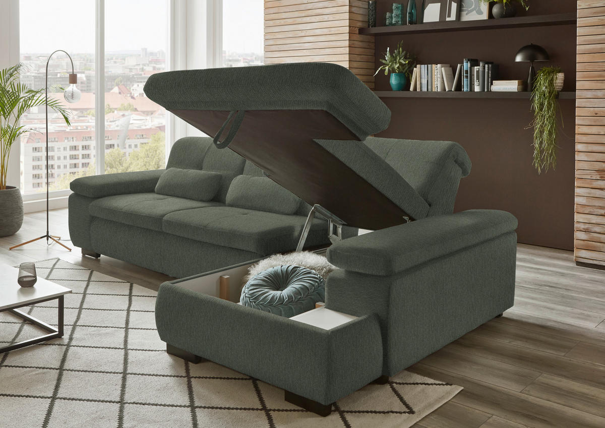 ECKSOFA in Flachgewebe Dunkelgrün  - Dunkelgrün/Schwarz, Design, Textil/Metall (297/174cm) - Beldomo Style