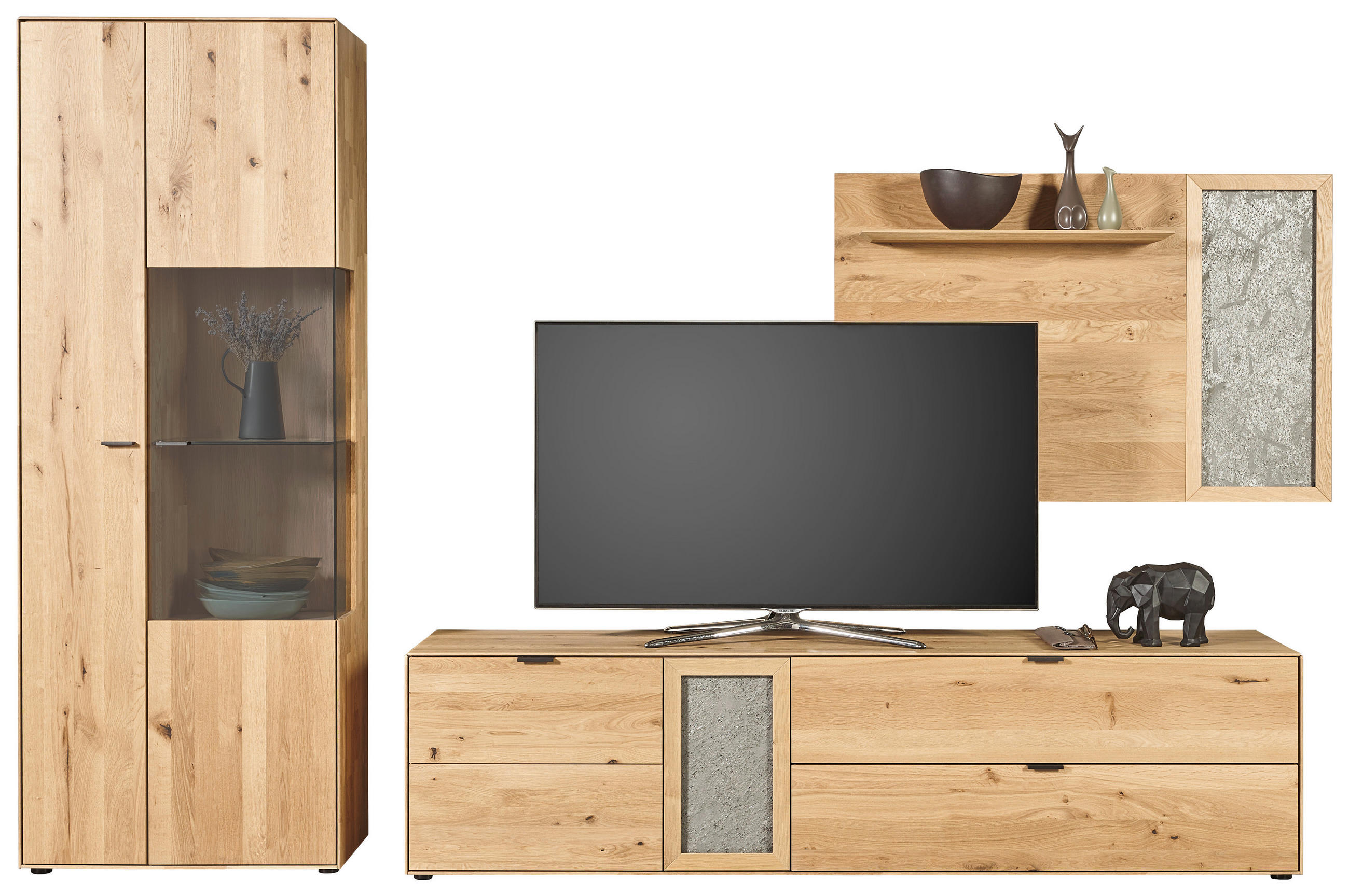 WOHNWAND  in Wildeiche 322,4/205,5/45,2 cm  - Wildeiche/Schwarz, Natur, Glas/Holz (322,4/205,5/45,2cm) - Valnatura