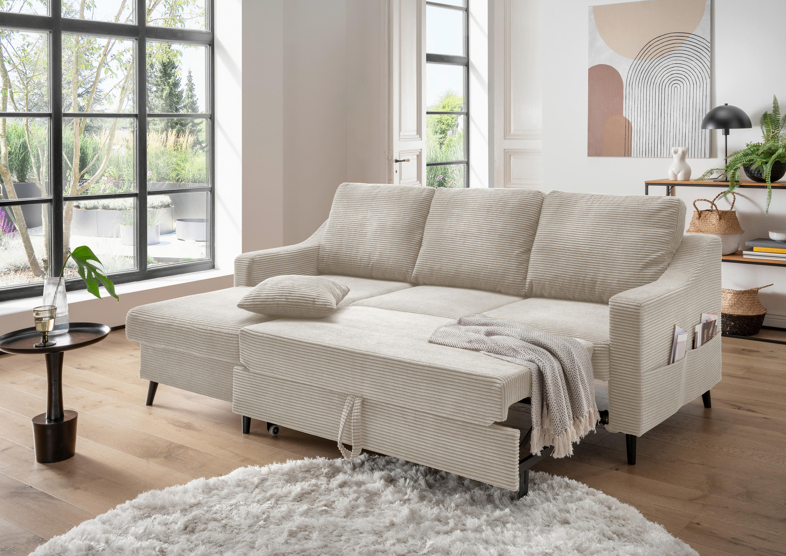 ECKSOFA Beige Cord  - Beige/Schwarz, Design, Holz/Textil (150/228cm) - P & B