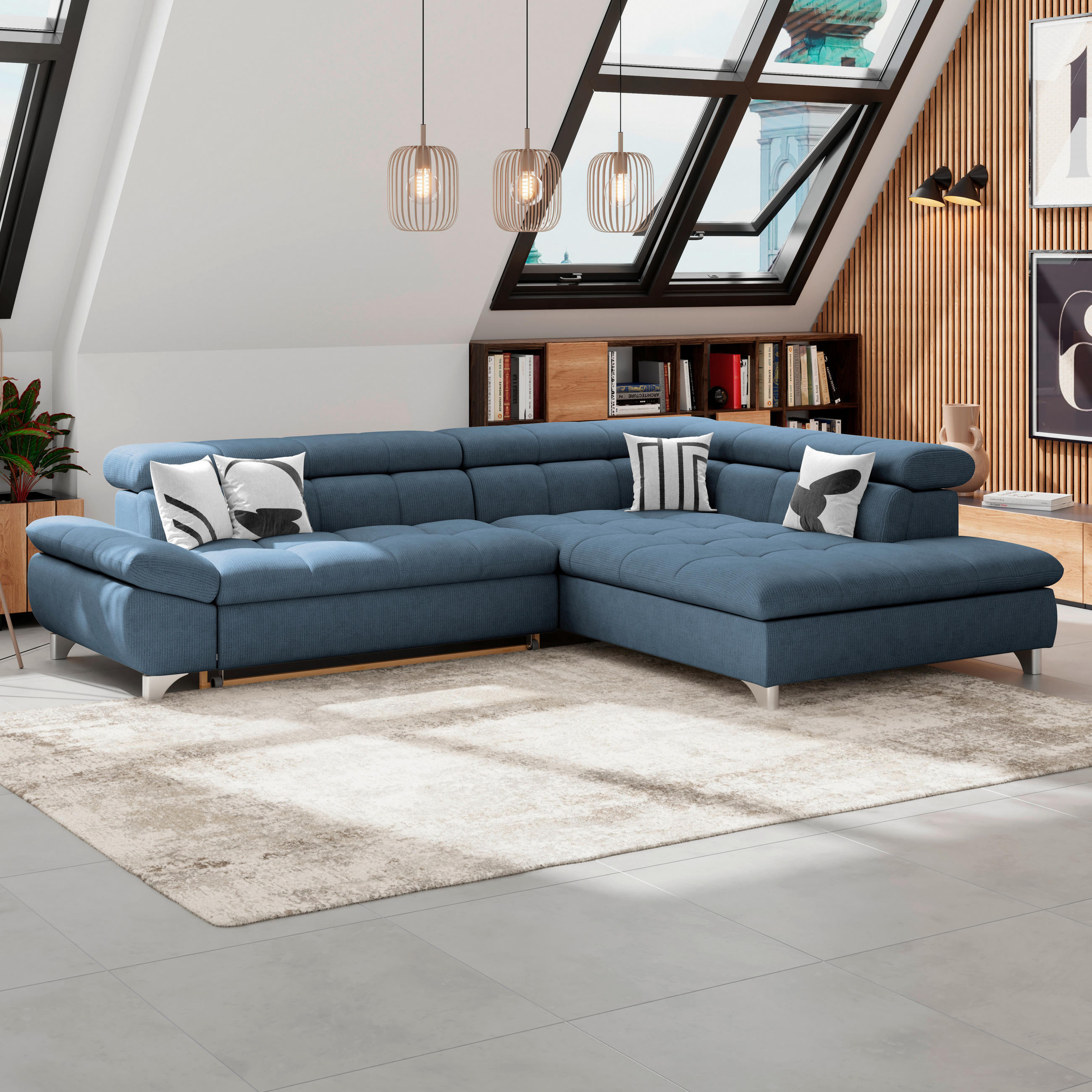 ECKSOFA Dunkelblau Chenille  - Chromfarben/Dunkelblau, KONVENTIONELL, Textil/Metall (312/234cm) - Livetastic