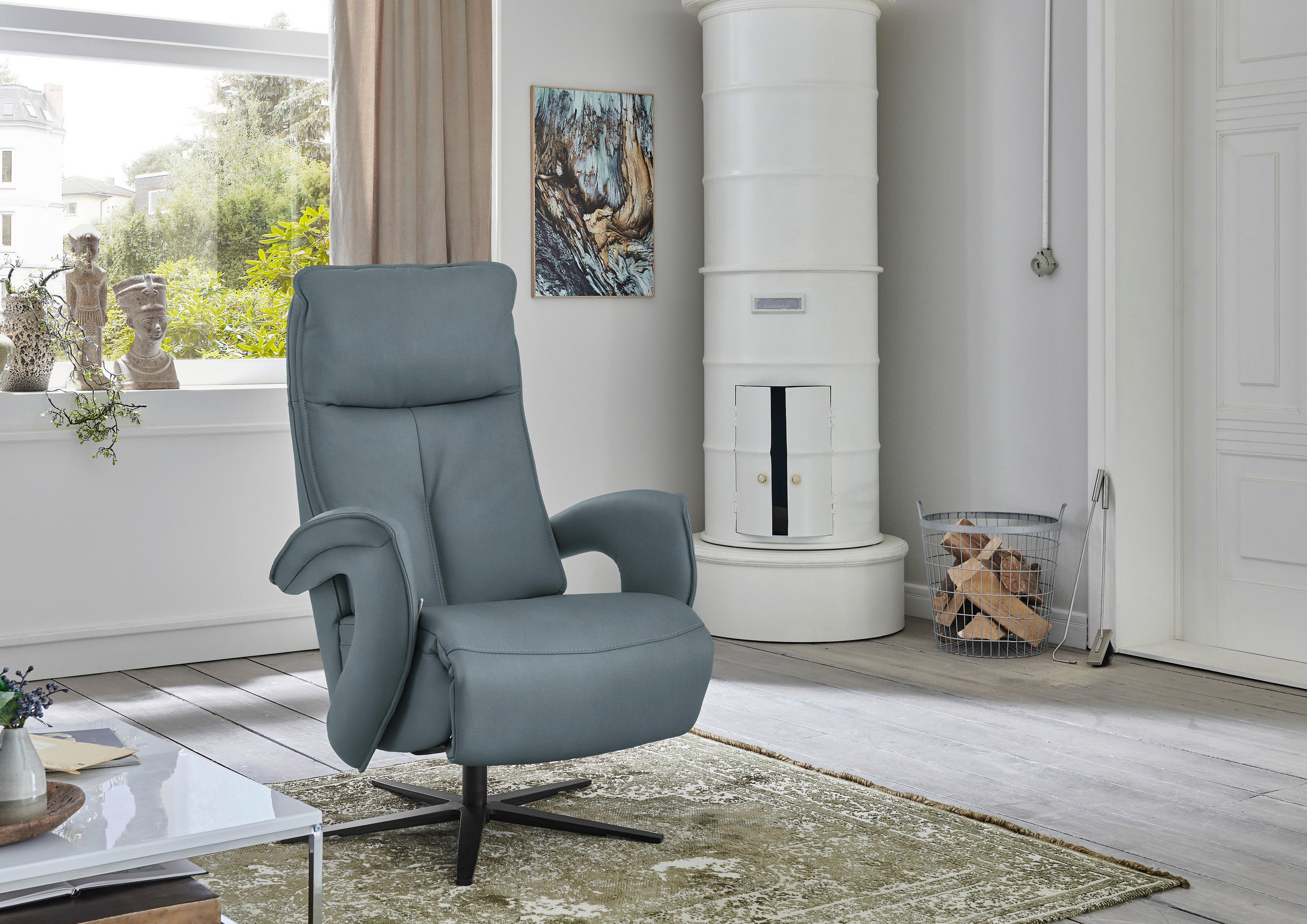 RELAXSESSEL in Leder Blaugrau  - Blaugrau/Schwarz, Design, Leder/Metall (77/110/87cm) - Valdera