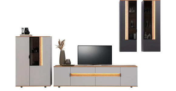 WOHNWAND  in Anthrazit, Eichefarben, Hellgrau  384,4/206/48 cm  - Eichefarben/Anthrazit, Design, Glas/Holz (384,4/206/48cm) - Dieter Knoll