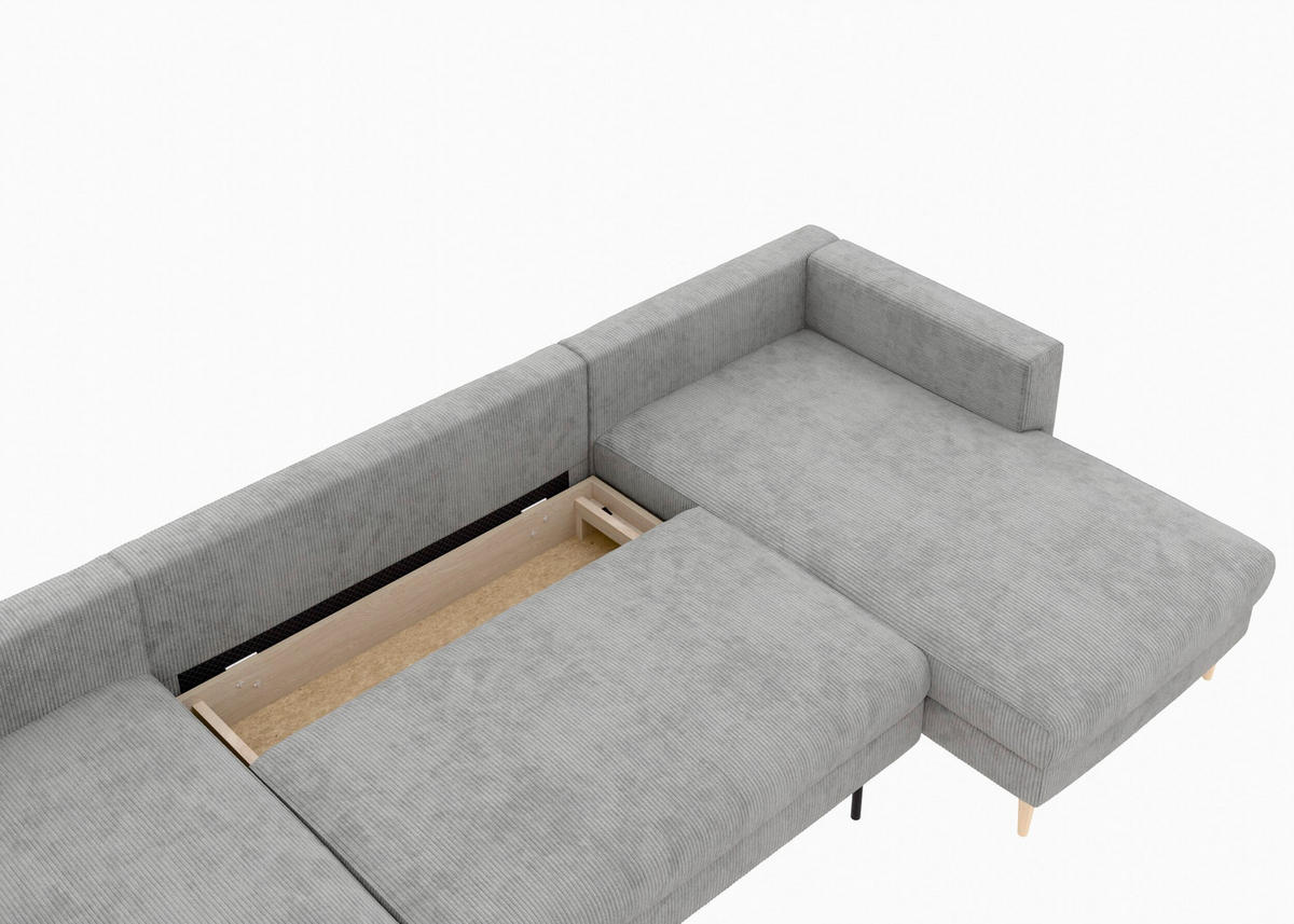 WOHNLANDSCHAFT Grau Cord  - Buchefarben/Grau, MODERN, Holz/Textil (161/306/161cm) - Trendmanufaktur