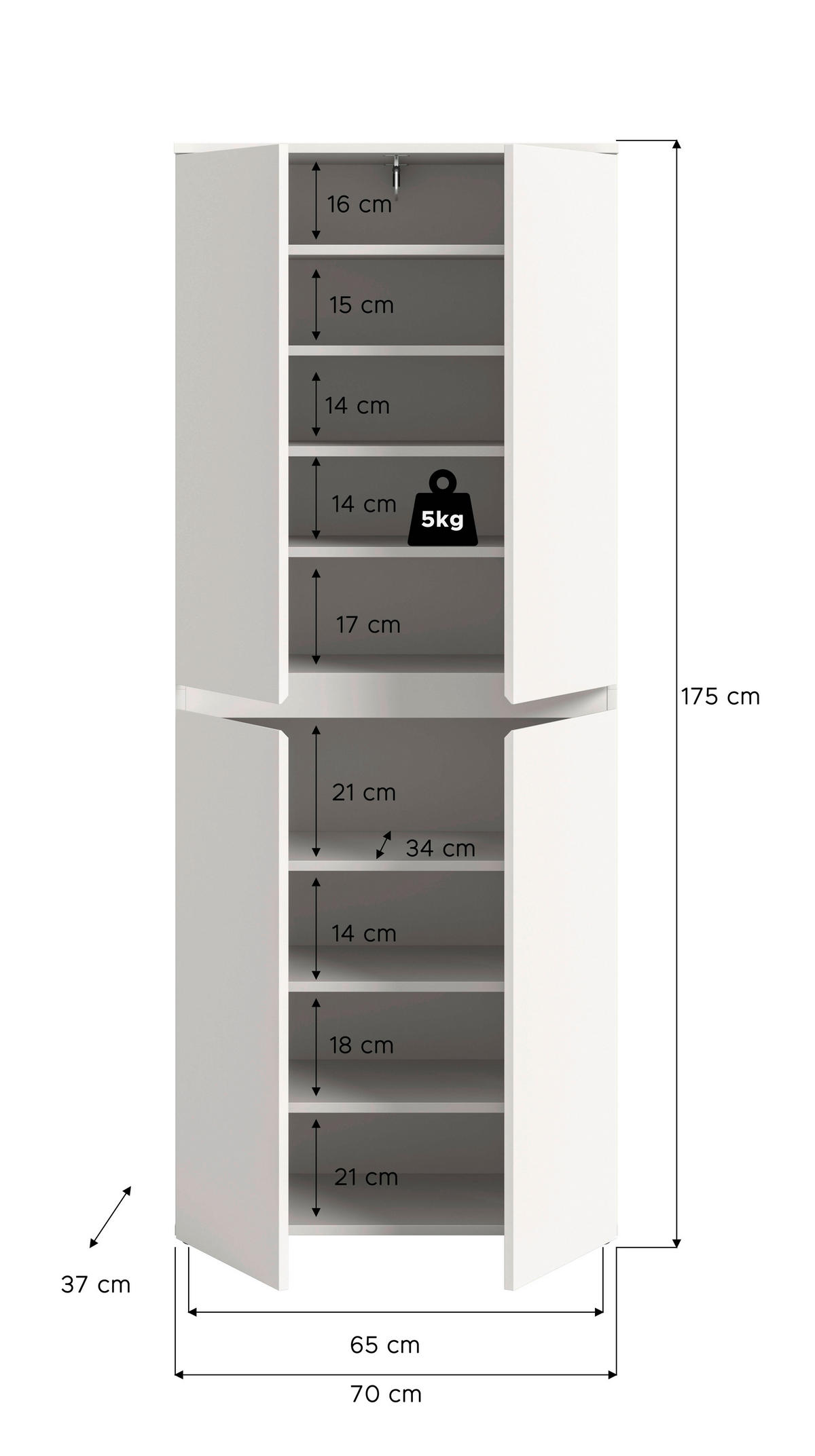 SKOSKÅP  i 70/175/37 cm  - vit/svart, Design, trämaterial/plast (70/175/37cm) - Livetastic
