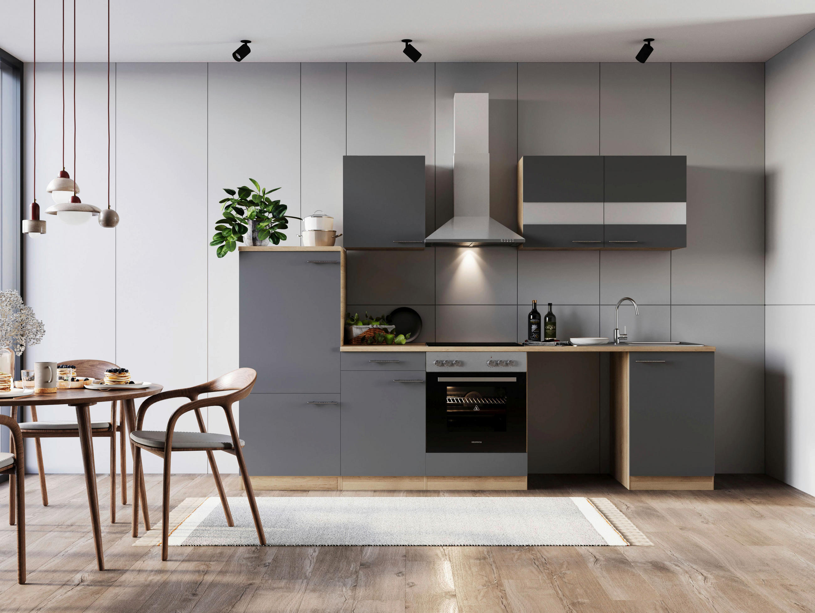 KÜCHENBLOCK 280 cm   in Grau  - Edelstahlfarben/Eichefarben, Basics, Glas/Holzwerkstoff (280cm) - Respekta