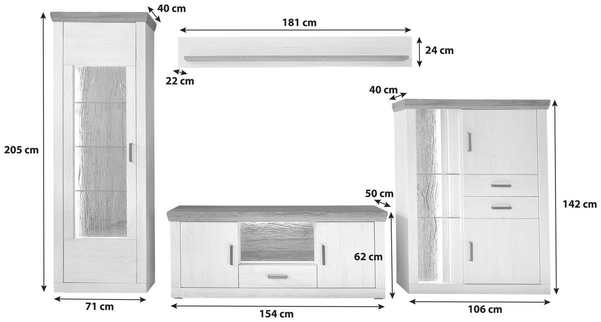 WOHNWAND  in Eichefarben, Pinienfarben 351/205/50 cm  - Eichefarben/Graphitfarben, Design, Glas/Holzwerkstoff (351/205/50cm) - MID.YOU