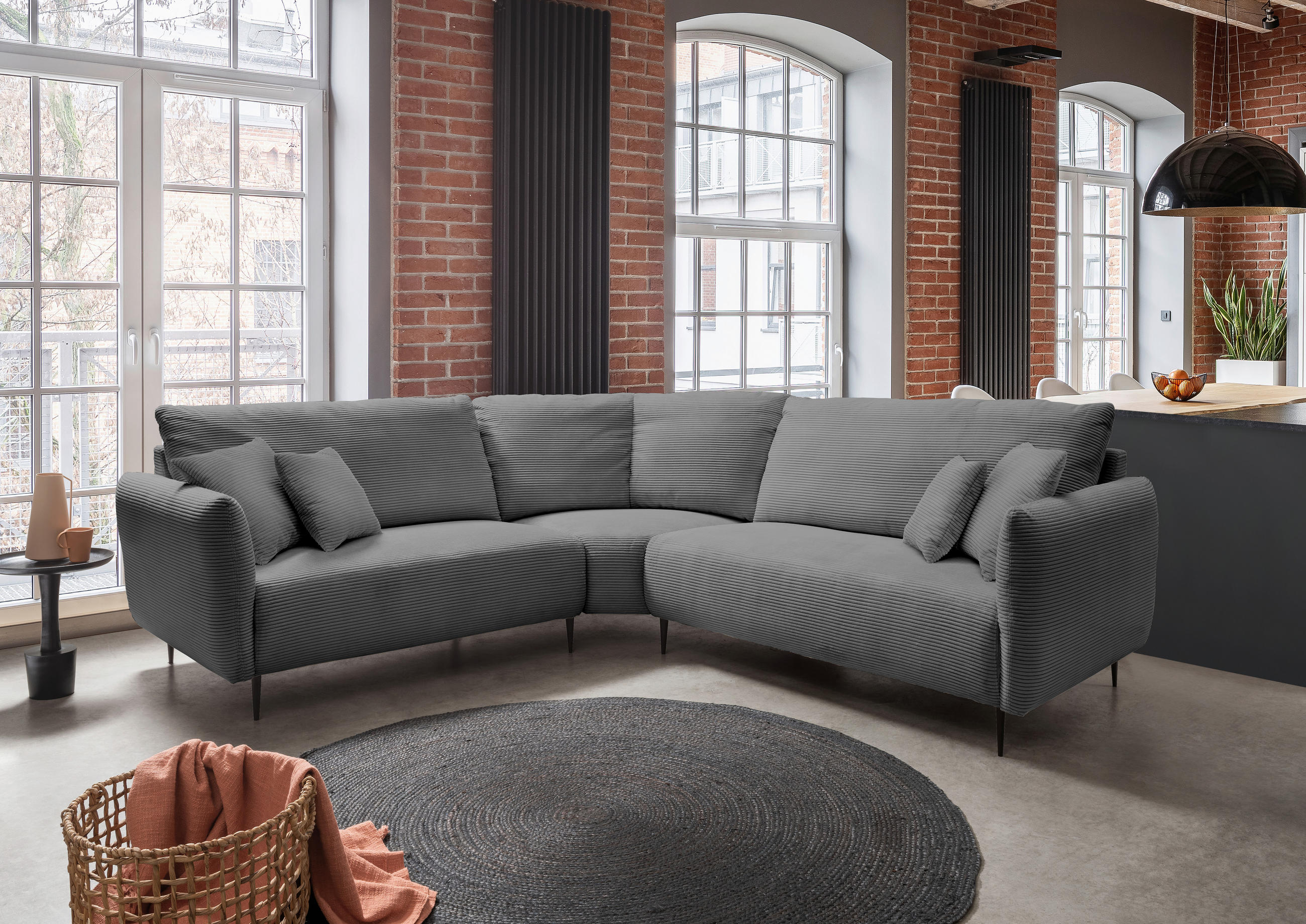 ECKSOFA in Cord Grau  - Schwarz/Grau, Design, Textil/Metall (256/256cm) - Livetastic