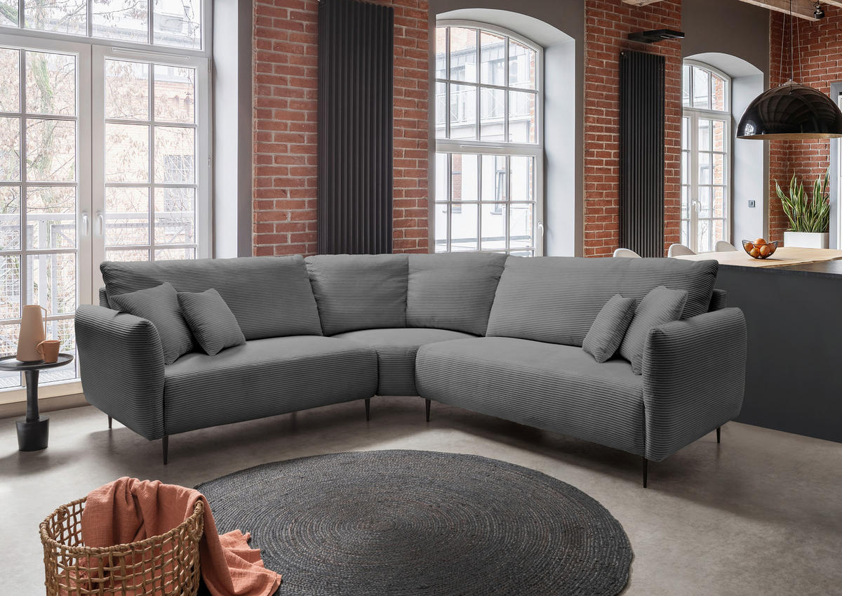 ECKSOFA Grau Cord  - Schwarz/Grau, Design, Textil/Metall (256/256cm) - Livetastic