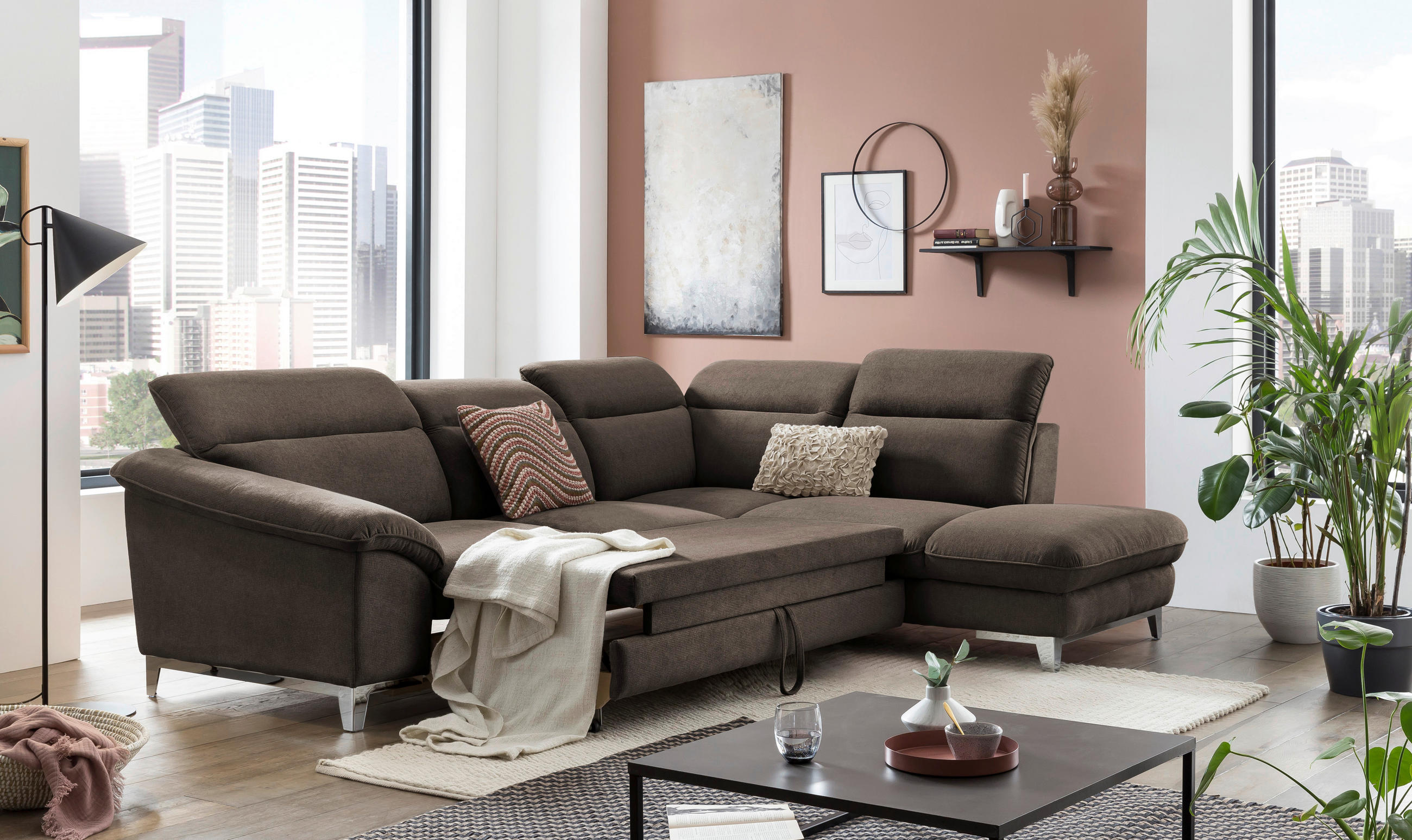 ECKSOFA Dunkelbraun Chenille  - Chromfarben/Dunkelbraun, Design, Textil/Metall (293/232cm) - Livetastic