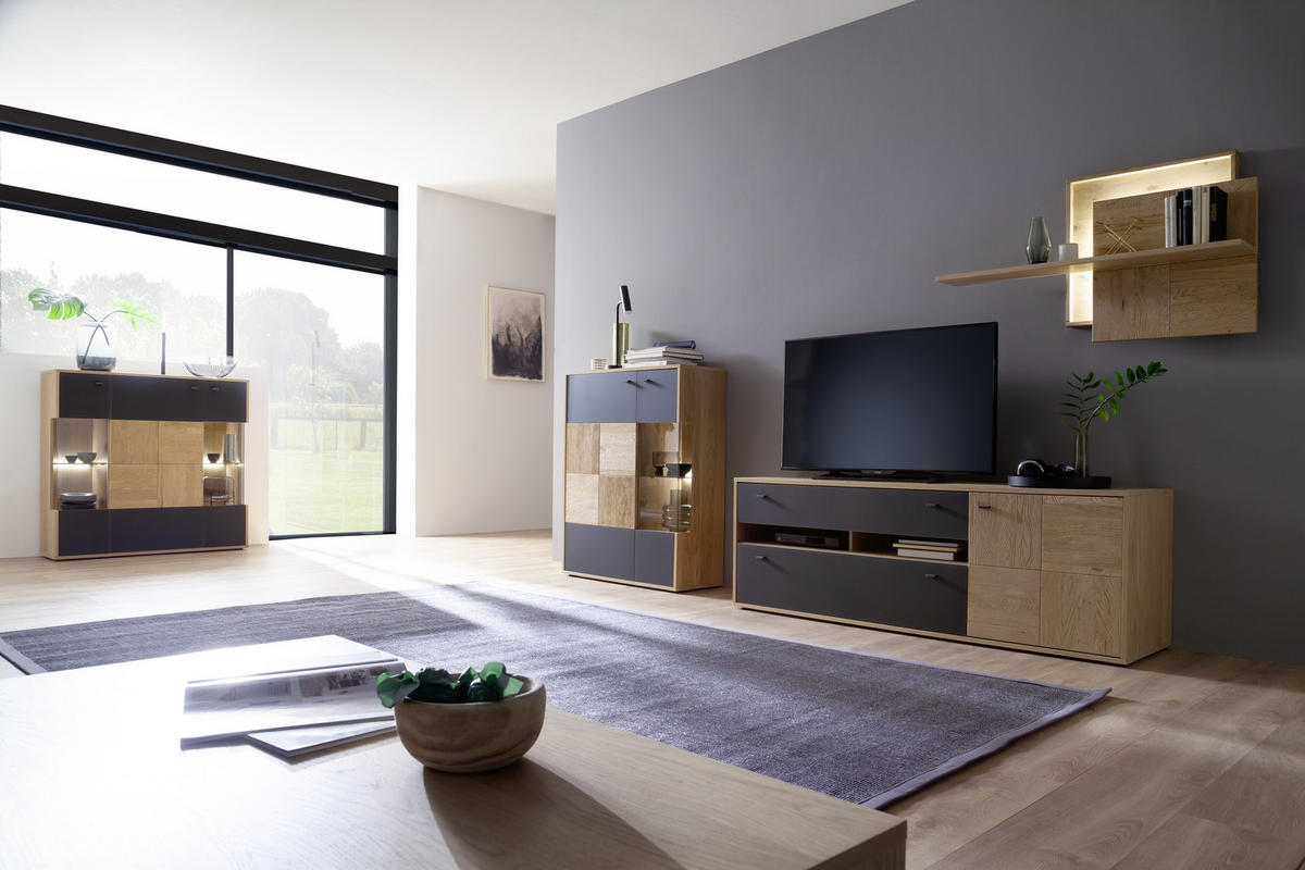 HYLLKOMBINATION  i antracit, ek Bianco  328/193/50 cm  - ek Bianco/svart, Design, metall/trämaterial (328/193/50cm) - MID.YOU