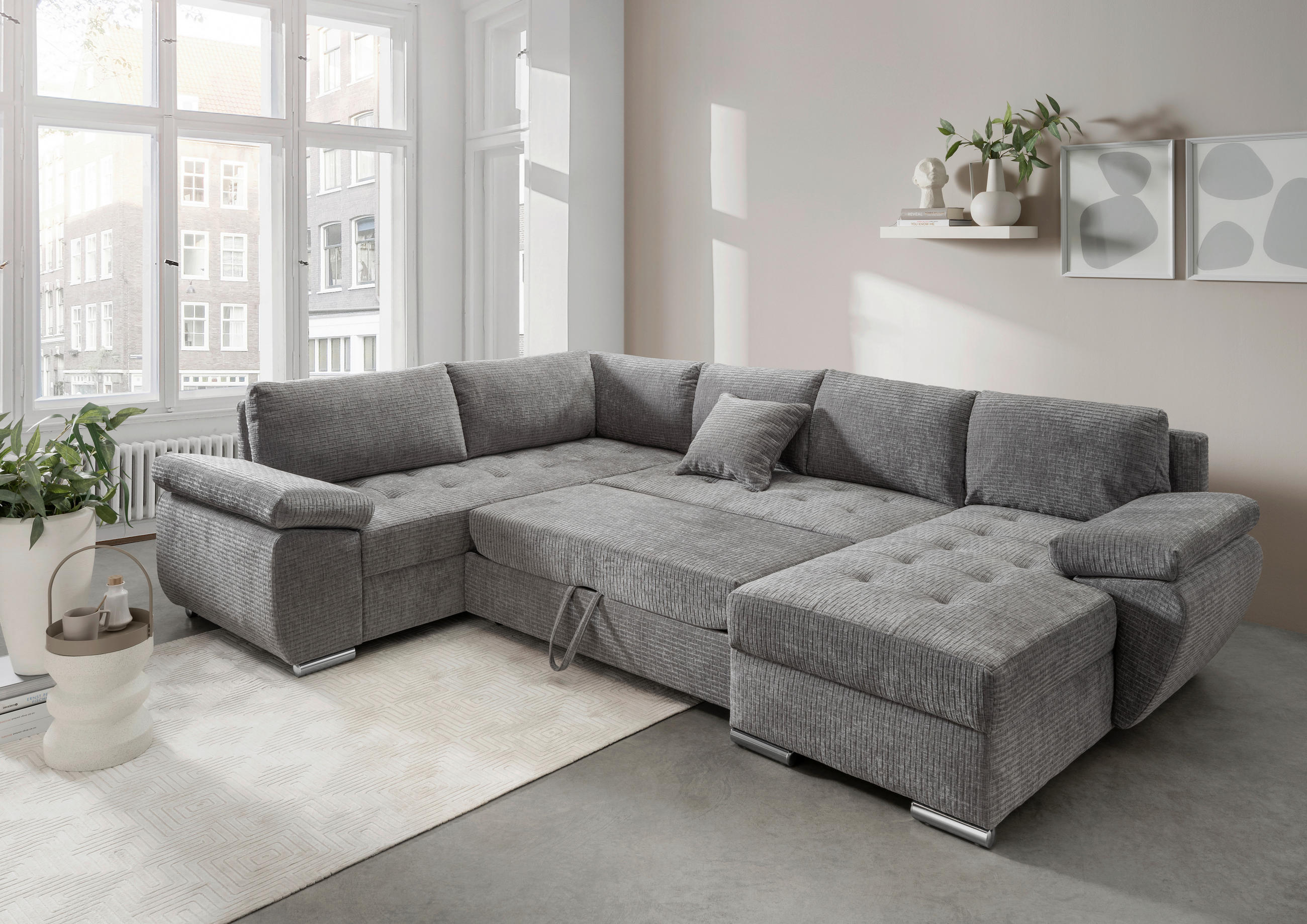 Wohnlandschaft Grau Mikrofaser  - Chromfarben/Grau, KONVENTIONELL, Textil (219/305/157cm) - Livetastic