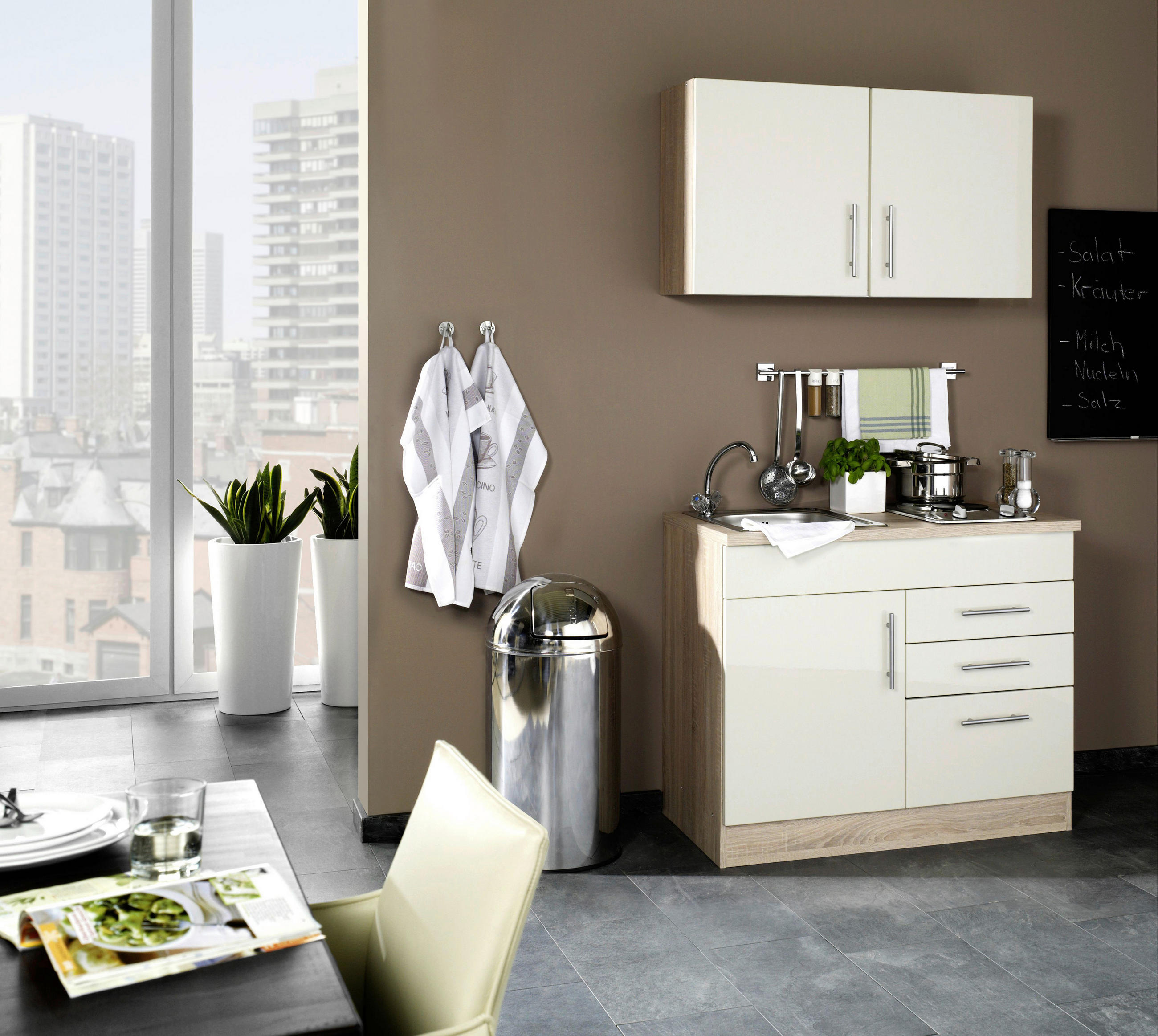 MINIKÜCHE 100 cm   in Creme  - Chromfarben/Eichefarben, MODERN, Holzwerkstoff/Metall (100cm) - Held