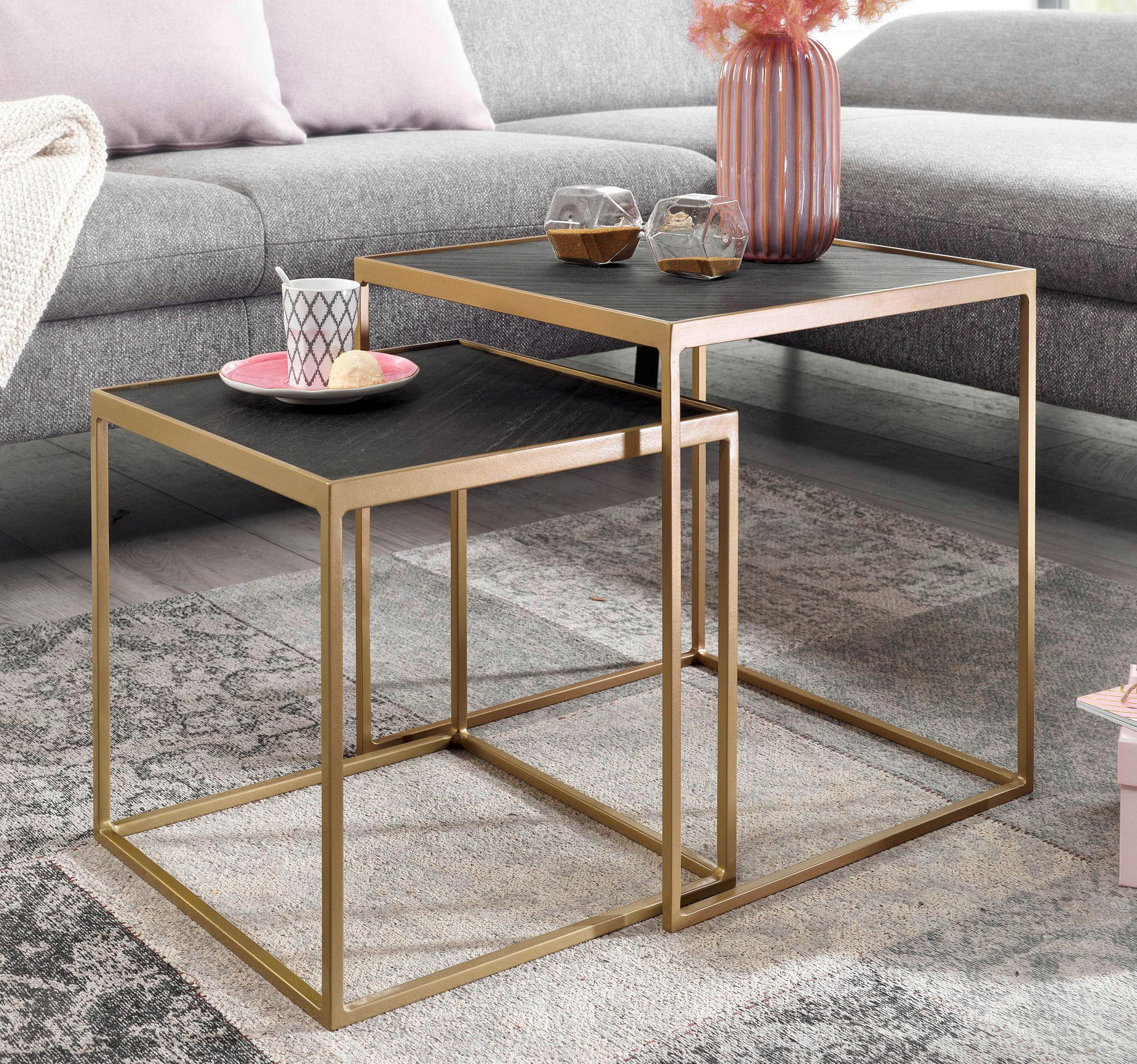 BEISTELLTISCHSET quadratisch Grau  - Goldfarben/Grau, MODERN, Stein/Metall (40/40/44cm) - MID.YOU