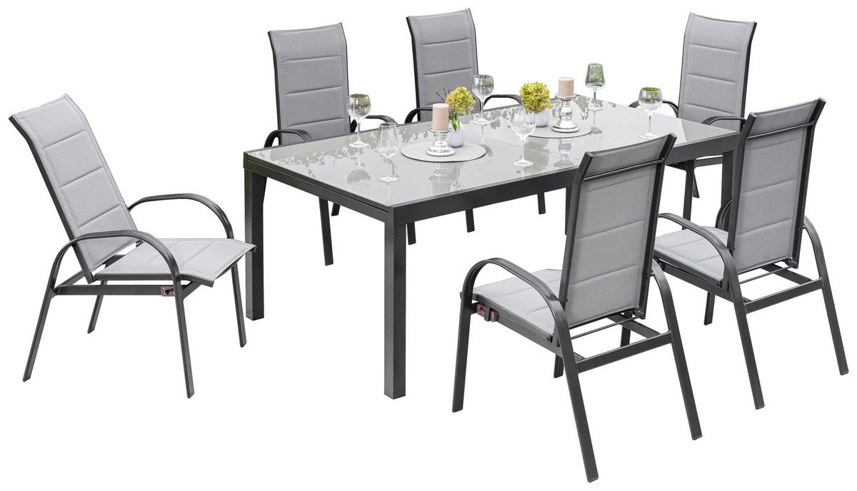 GARTENSET 7-teilig Aluminium ,[ ]}7-teilig  - Graphitfarben/Grau, KONVENTIONELL, Glas/Textil - Gardenson