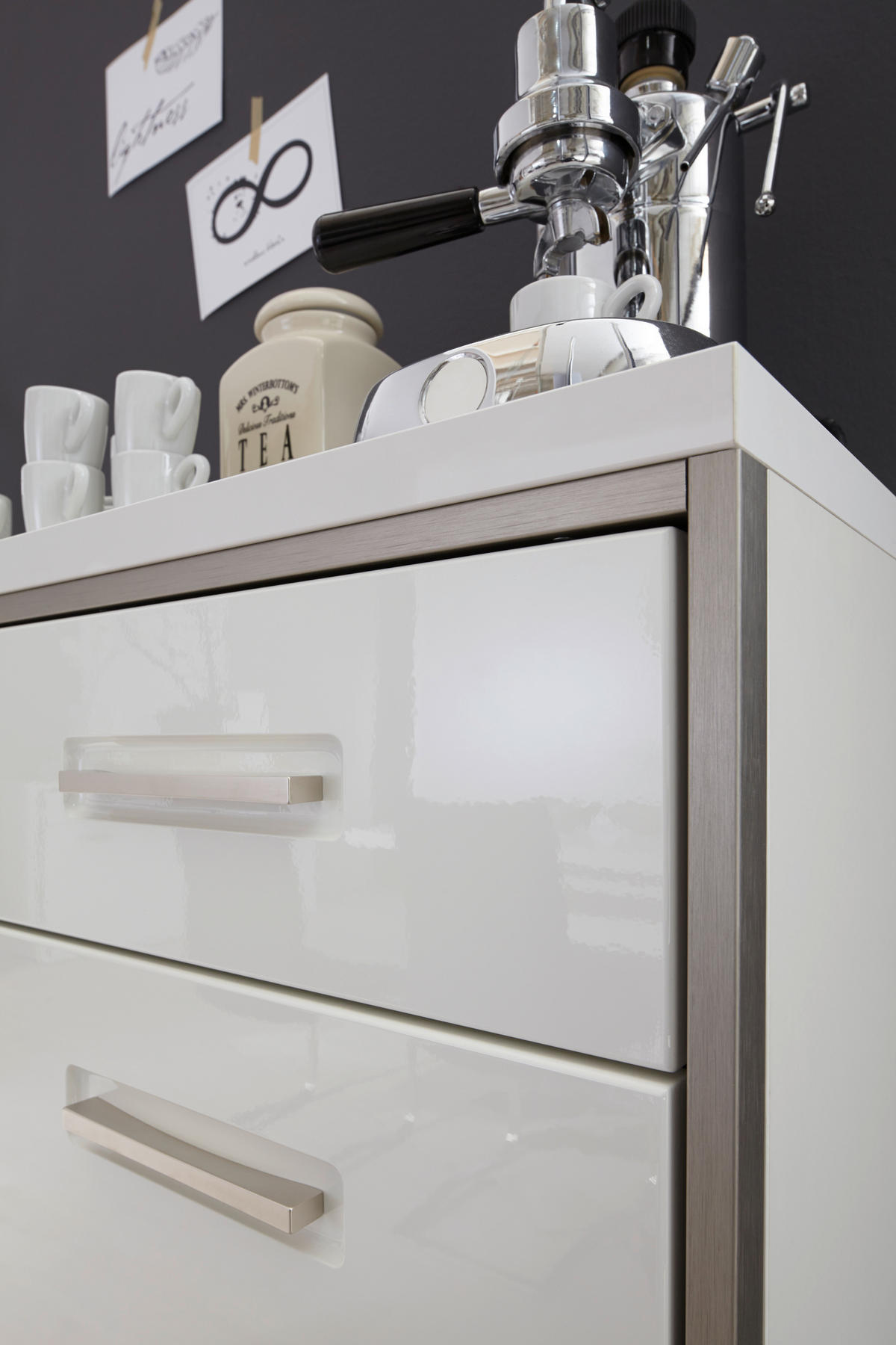 HIGHBOARD ohne Beleuchtung, Accra  in 153/121/45 cm  - Weiß Hochglanz/Silberfarben, Design, Glas/Holzwerkstoff (153/121/45cm) - Livetastic