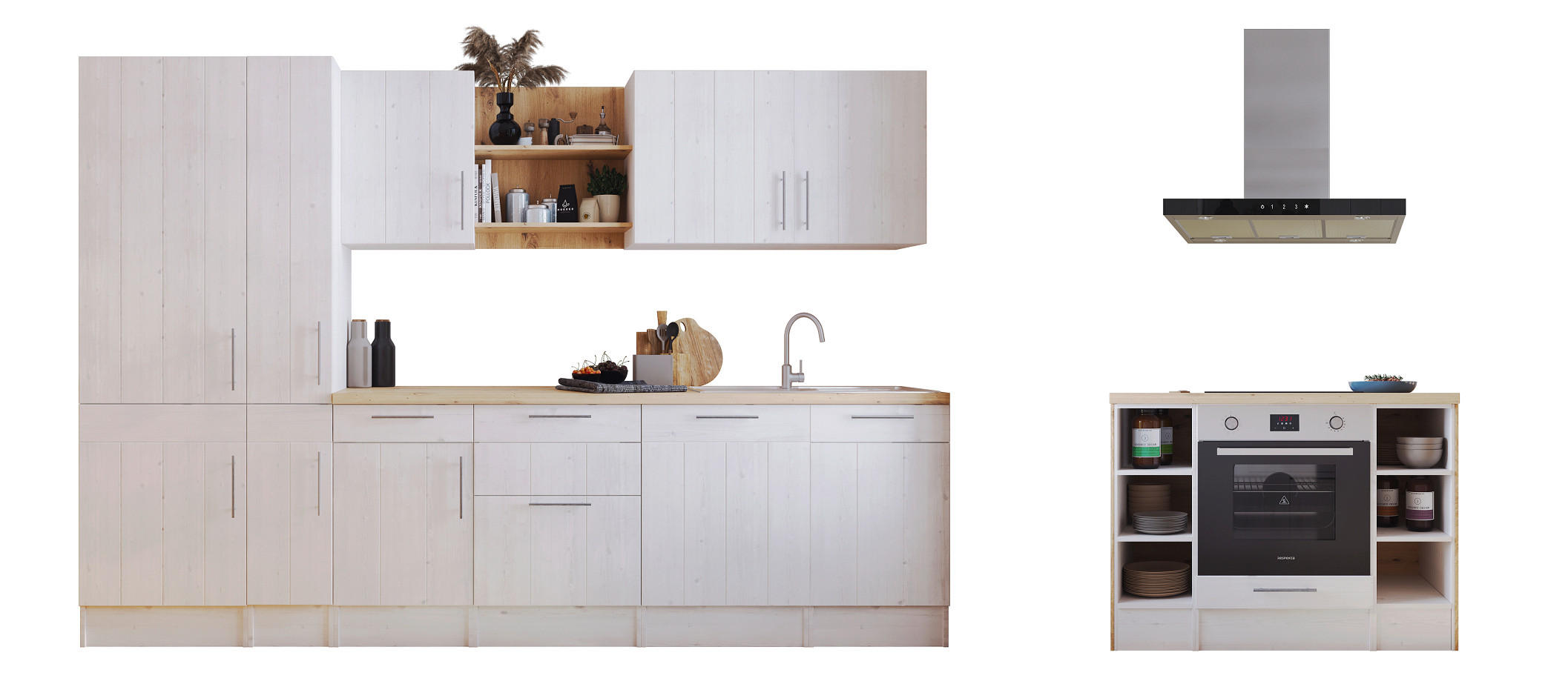KÜCHENBLOCK 310-124 cm in Weiß, Lärchefarben - Wildeiche/Edelstahlfarben, LIFESTYLE, Holzwerkstoff/Metall (310-124cm) - Respekta