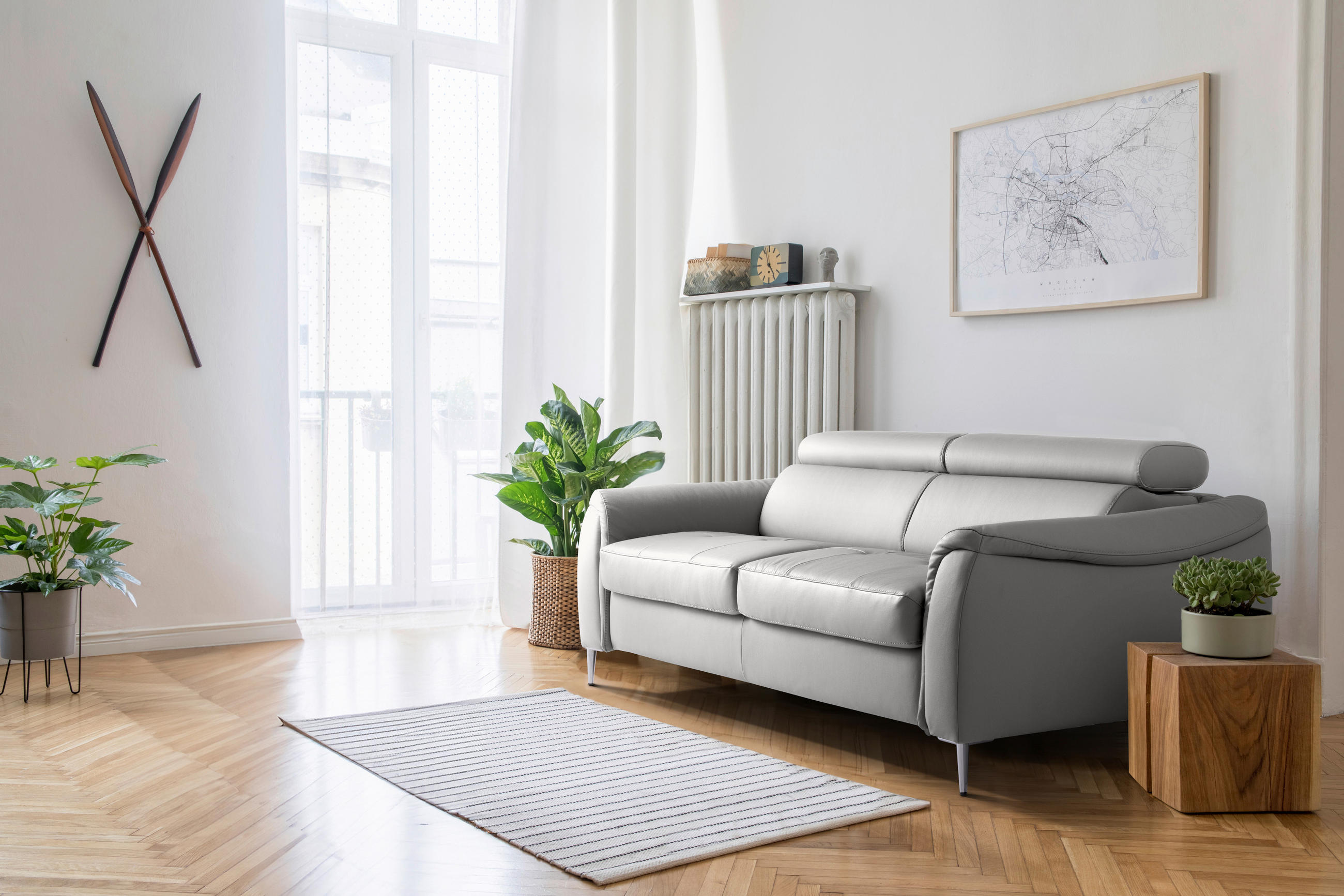 Thumbnail - Mid.you Schlafsofa Pafos, Platin, Textil, Leder, Echtleder, Rindleder, 3-Sitzer, 203x77-98x103 cm, Made in EU, Lederausw...