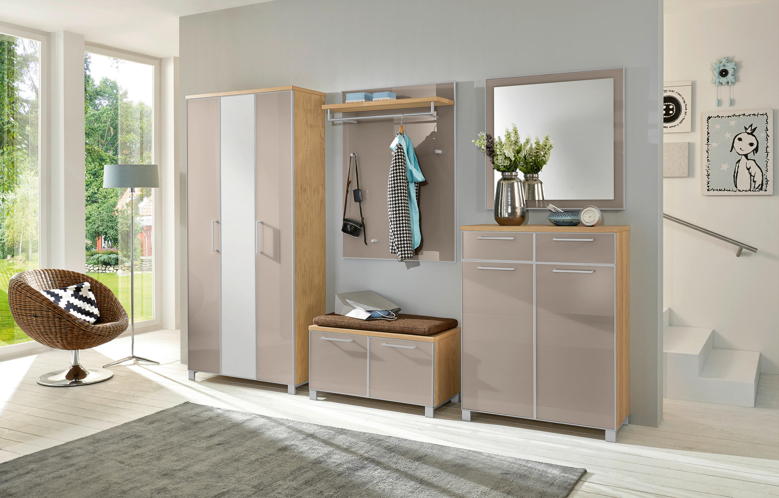 GARDEROBE 6-teilig  in 265/195/40 cm  - Taupe/Hellbraun, Design, Glas/Holz (265/195/40cm)