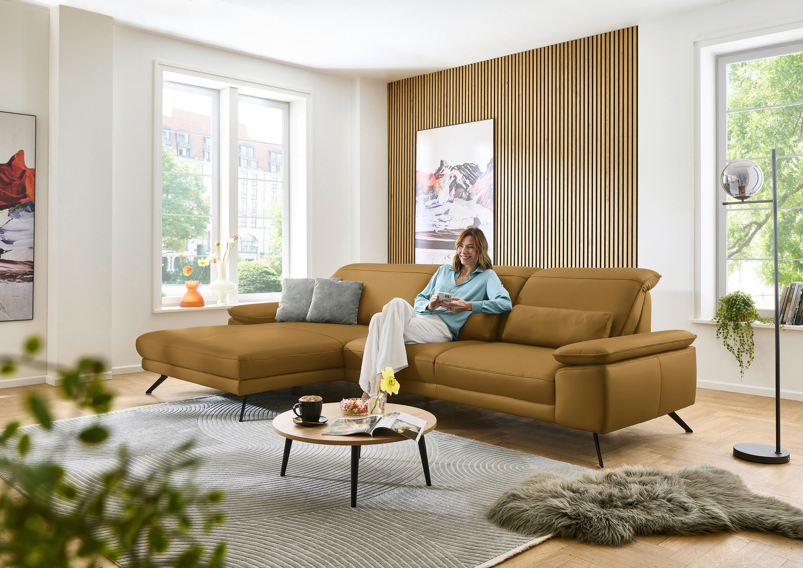 ECKSOFA in Echtleder Currygelb  - Currygelb/Schwarz, Design, Leder/Metall (193/332cm) - Dieter Knoll