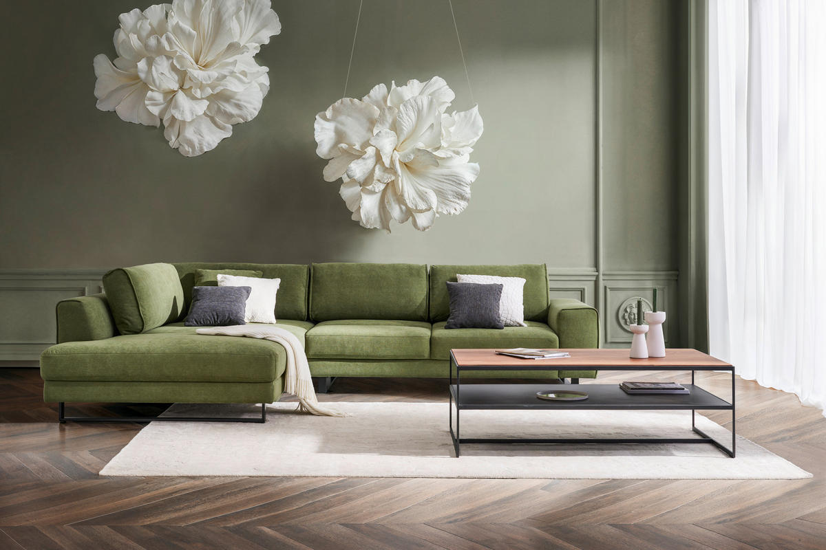 ECKSOFA  in Cord Olivgrün Rücken echt  211/314 cm  - Schwarz/Olivgrün, Design, Textil/Metall (211/314cm) - Sedda